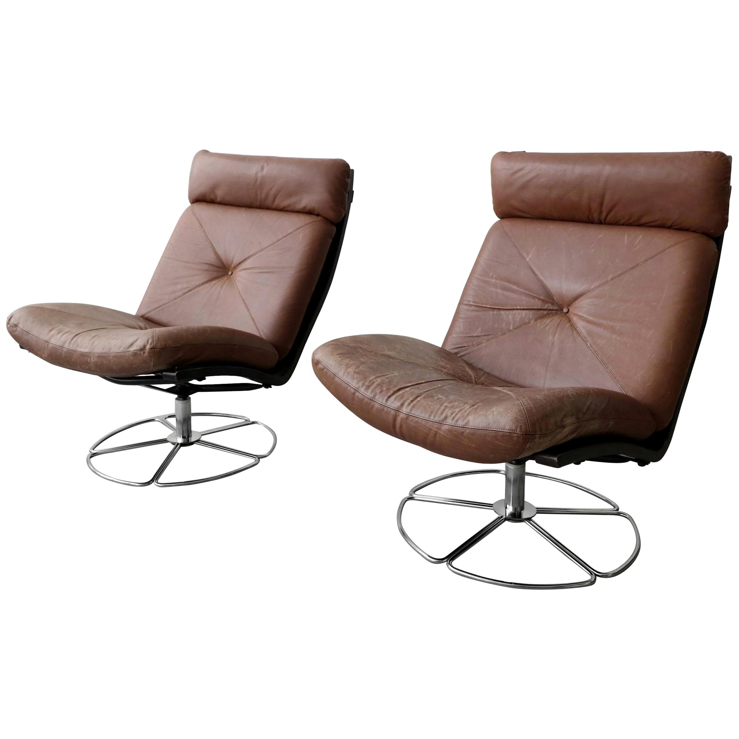 Pair of Midcentury Leather and Chrome Swivel Lounge Chairs