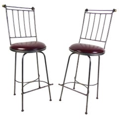 Pair of Midcentury Leather and Iron Bar Stools