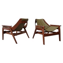 Pair of Midcentury Leather and Walnut Sling Chairs by Jerry Johnson