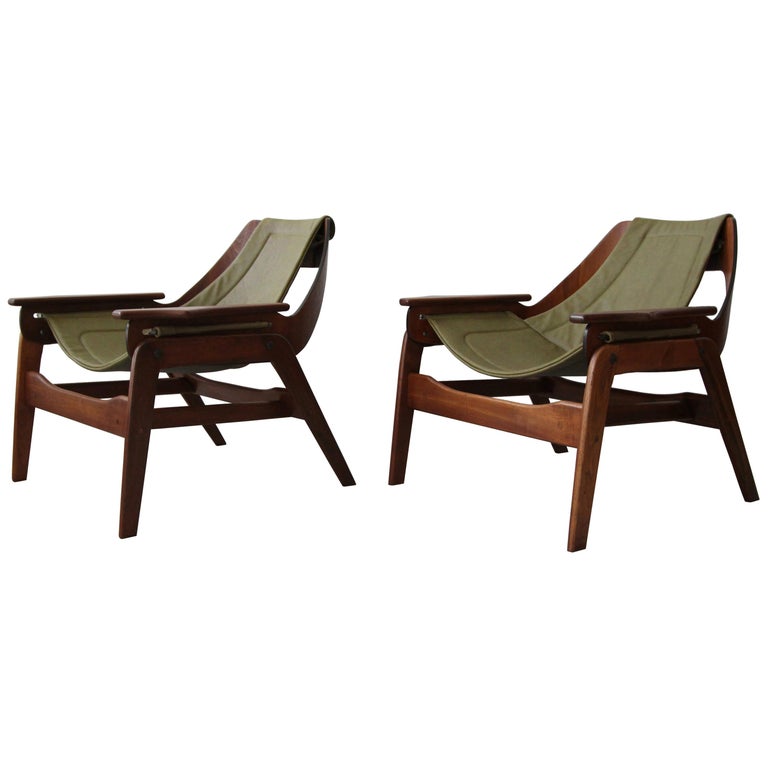 Pair Of Midcentury Leather And Walnut Sling Chairs By Jerry
