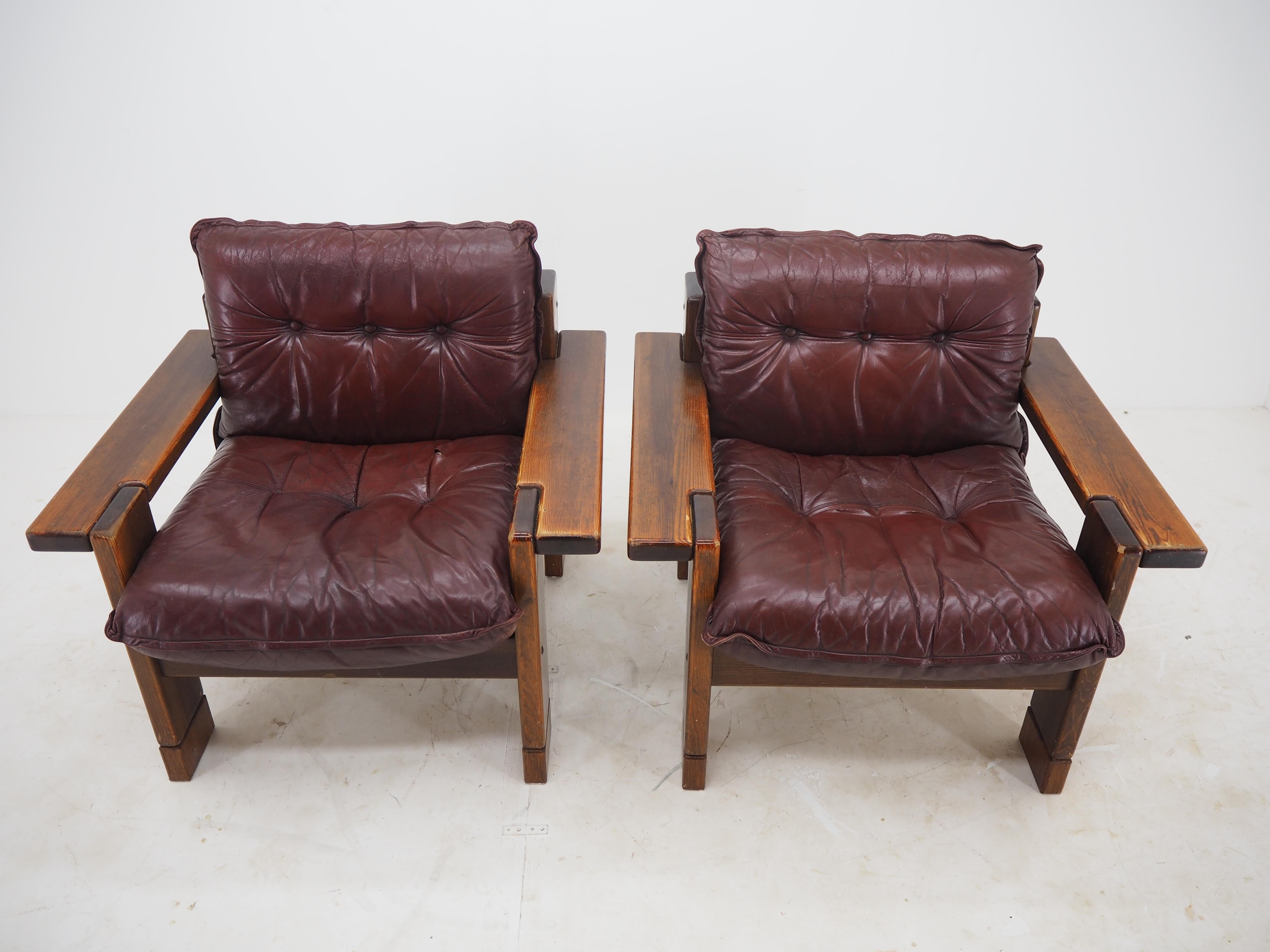 European Pair of Midcentury Leather Armchairs, 1960s