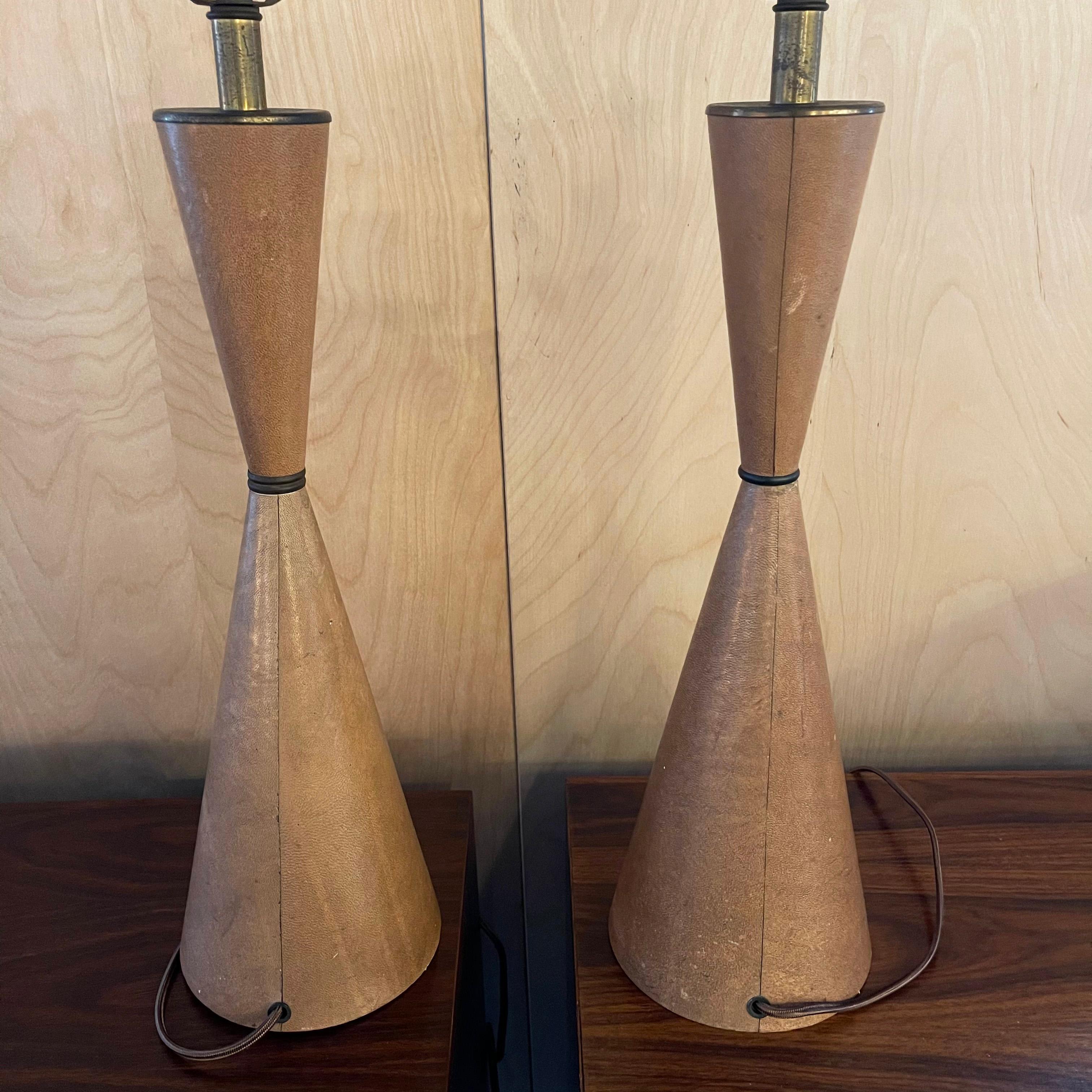 Pair of Midcentury Leather Hourglass Table Lamps 3
