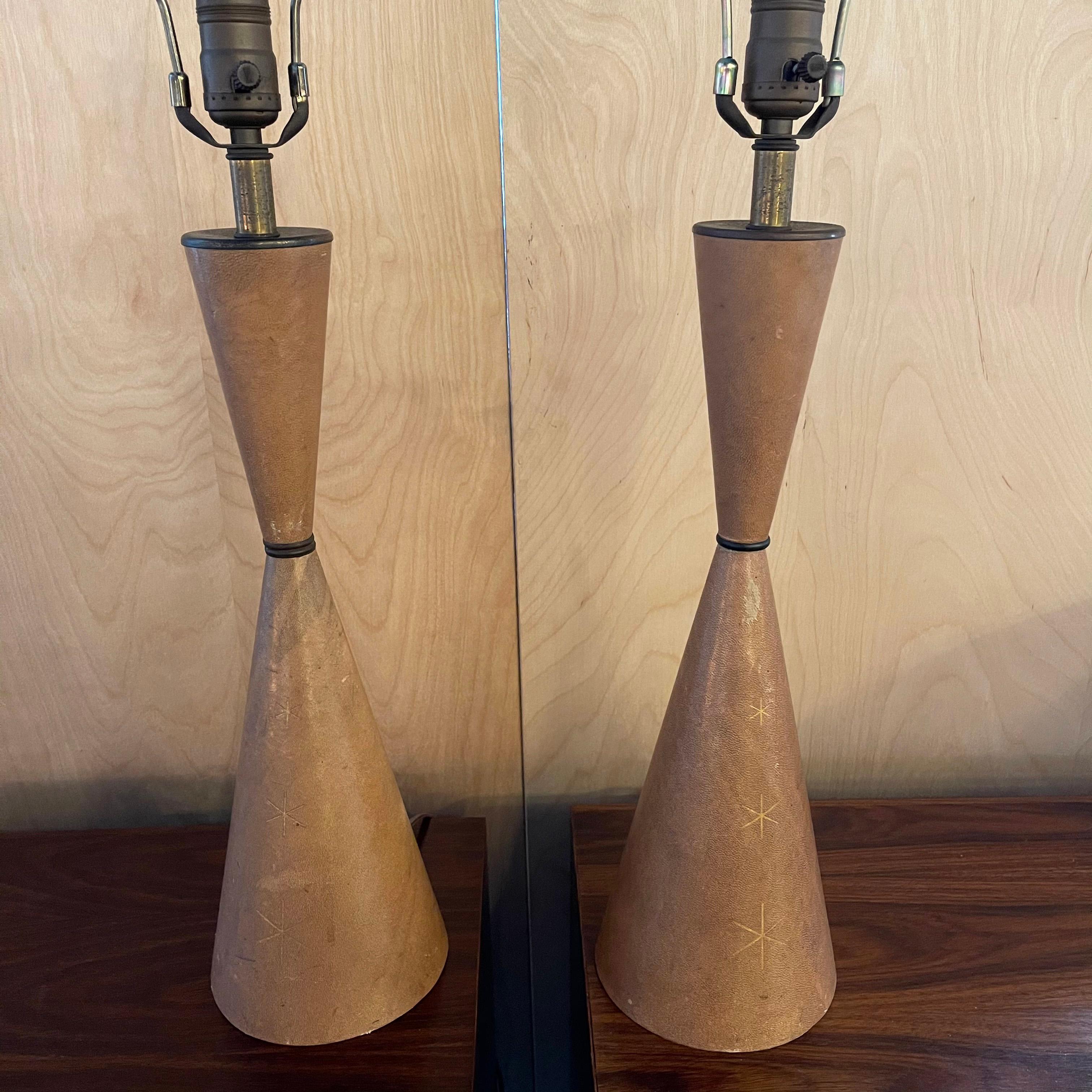 Brass Pair of Midcentury Leather Hourglass Table Lamps