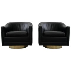 Pair of Midcentury Leather Swivel Chairs with Brass Bases by Harvey Probber