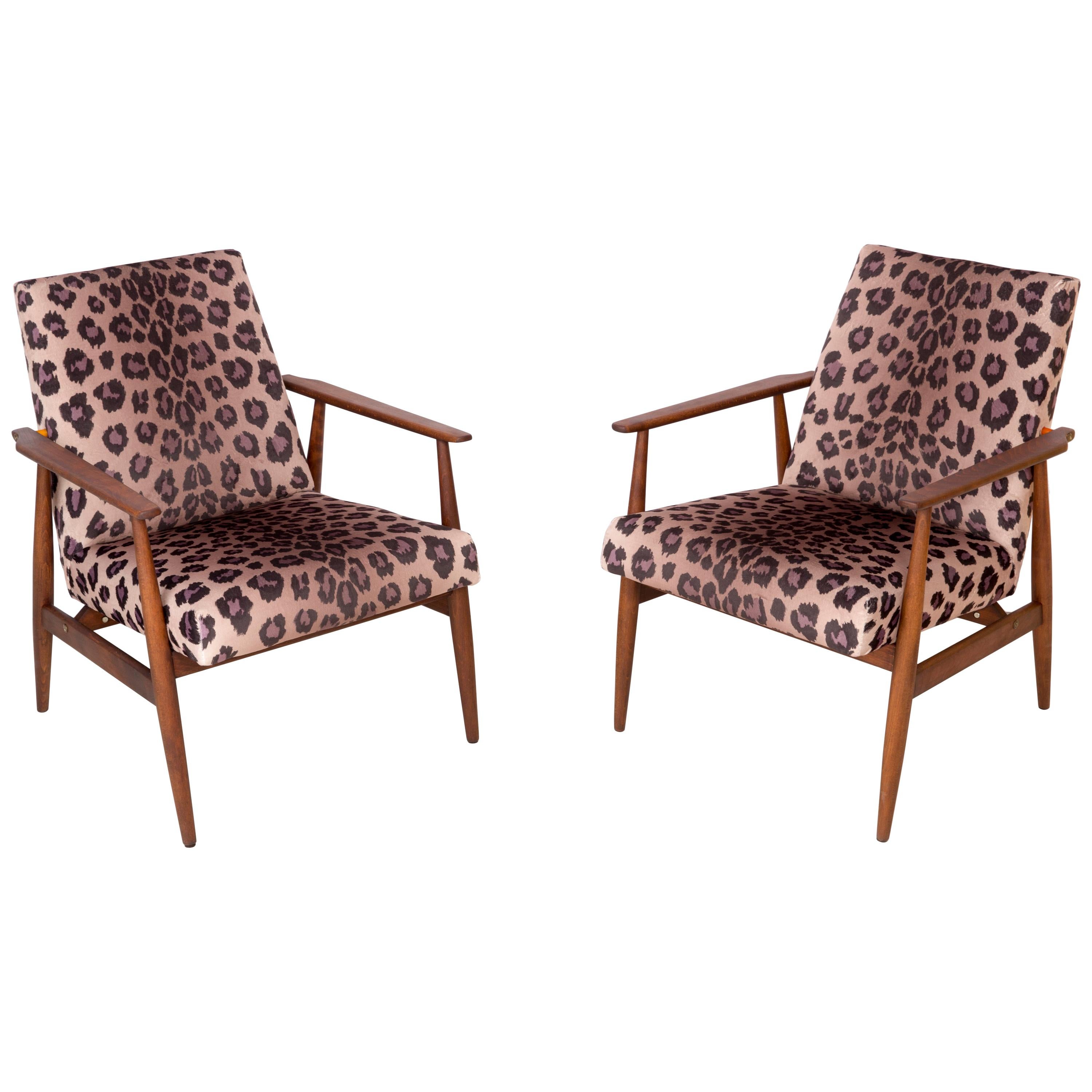 Paire de fauteuils en velours imprimé léopard du milieu du siècle dernier, H. Lis, années 1960