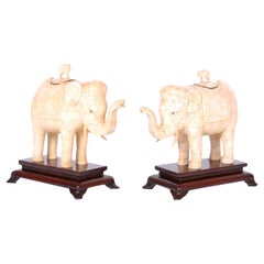 Pair of Midcentury Lidded Bone Elephant Boxes