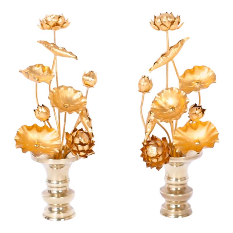 Pair of Midcentury Lotus Flower Arrangements in Brass Vases