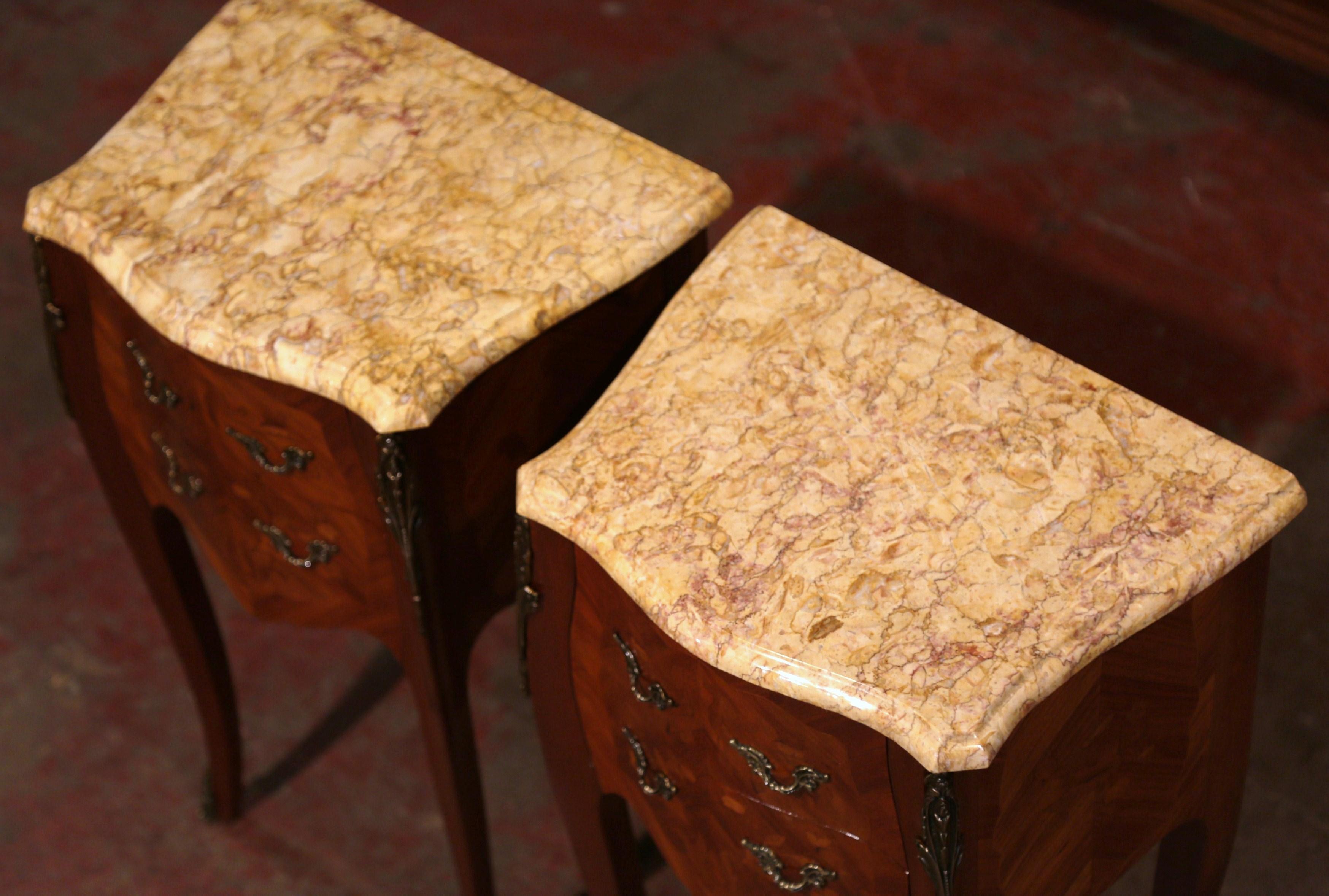 Pair of Midcentury Louis XV Marquetry Bombe Nightstands with Marble Top In Excellent Condition In Dallas, TX
