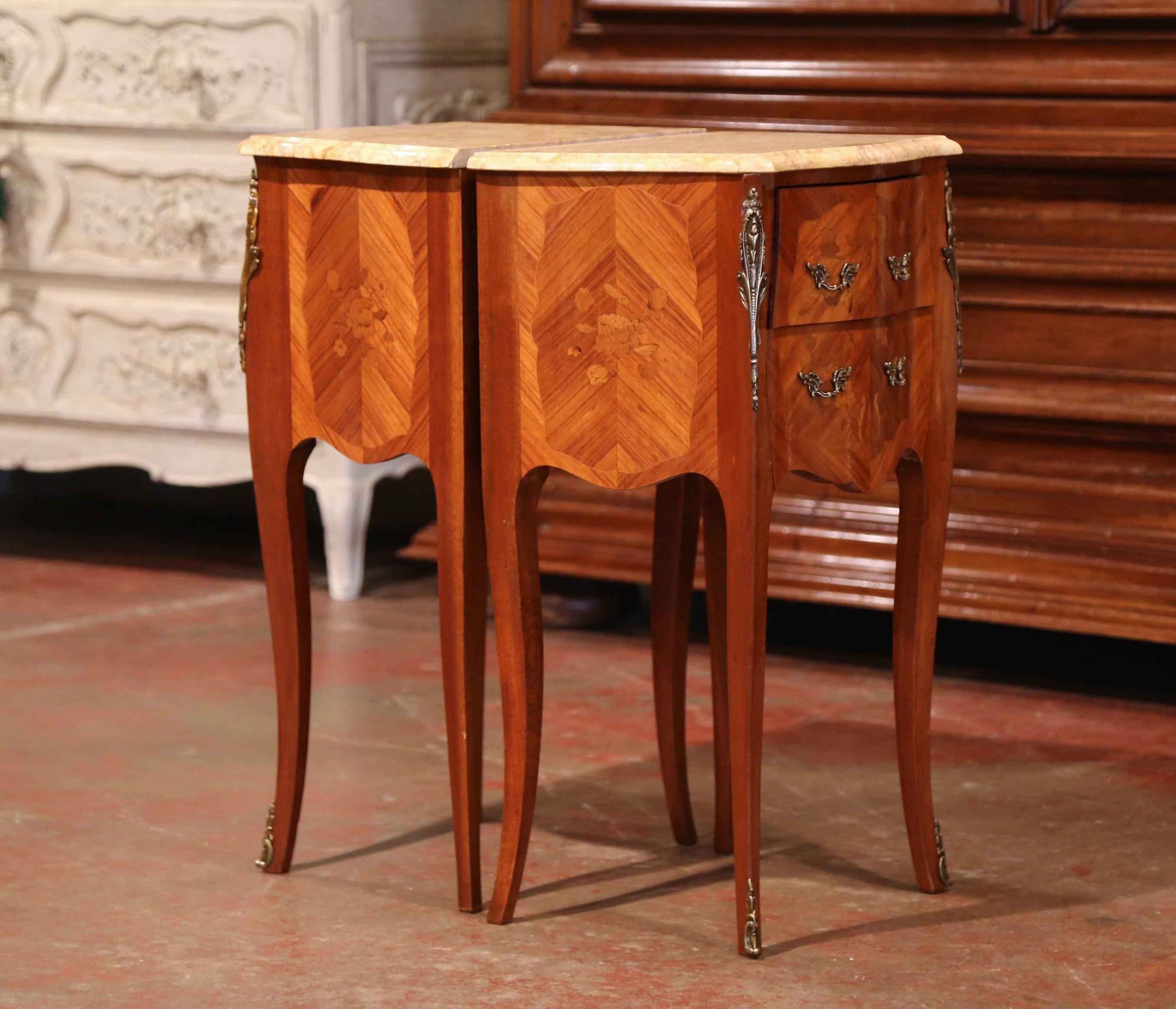 Pair of Midcentury Louis XV Marquetry Bombe Nightstands with Marble Top 3