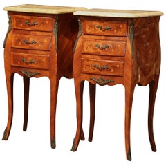 Pair of Midcentury Louis XV Marquetry Bombe Nightstands with Marble Top