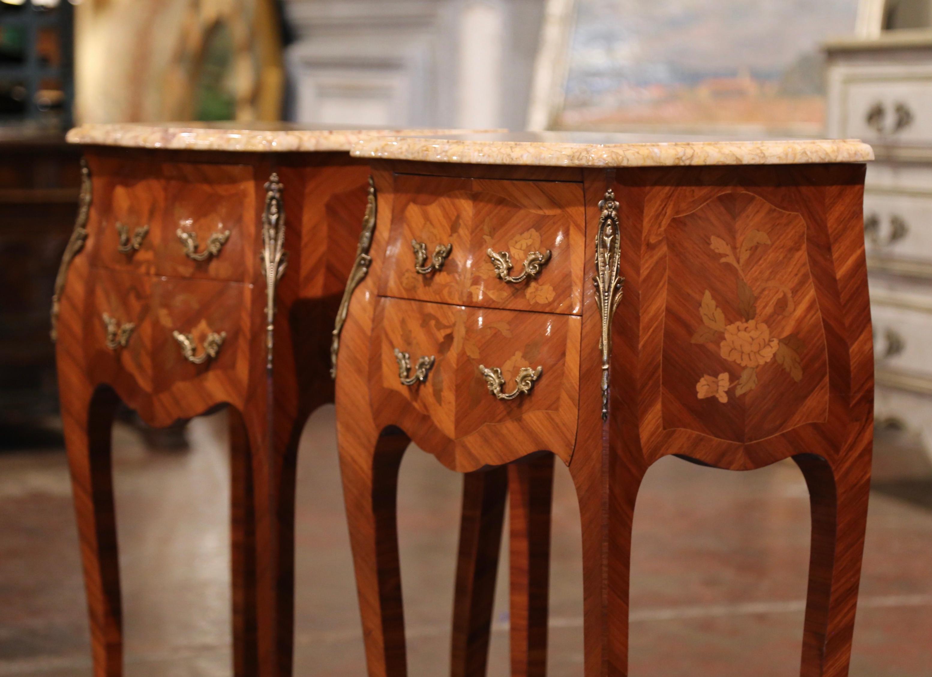 French Pair of Midcentury Louis XV Marquetry Inlaid Bombe Nightstands with Marble Top