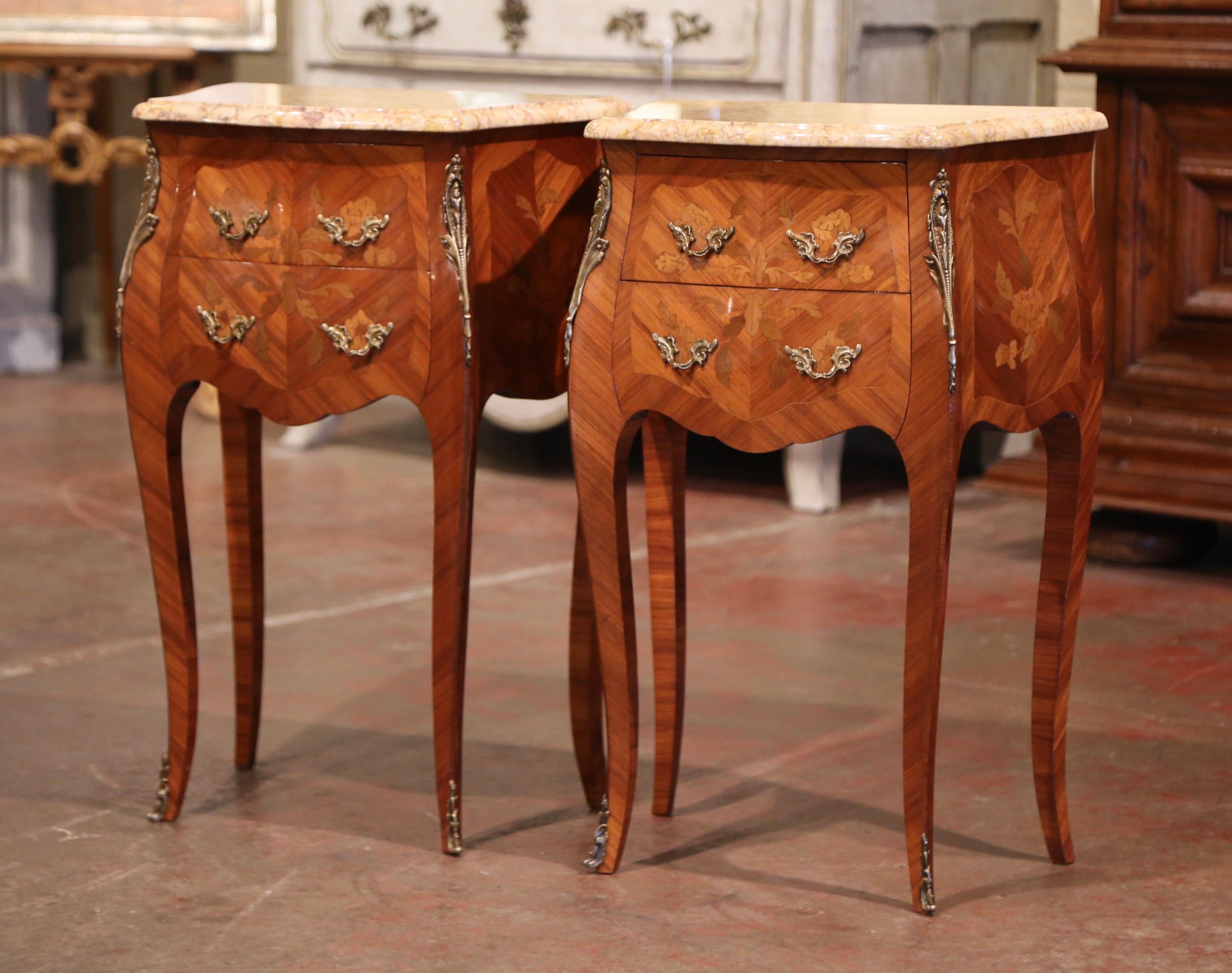 Pair of Midcentury Louis XV Marquetry Inlaid Bombe Nightstands with Marble Top In Excellent Condition In Dallas, TX
