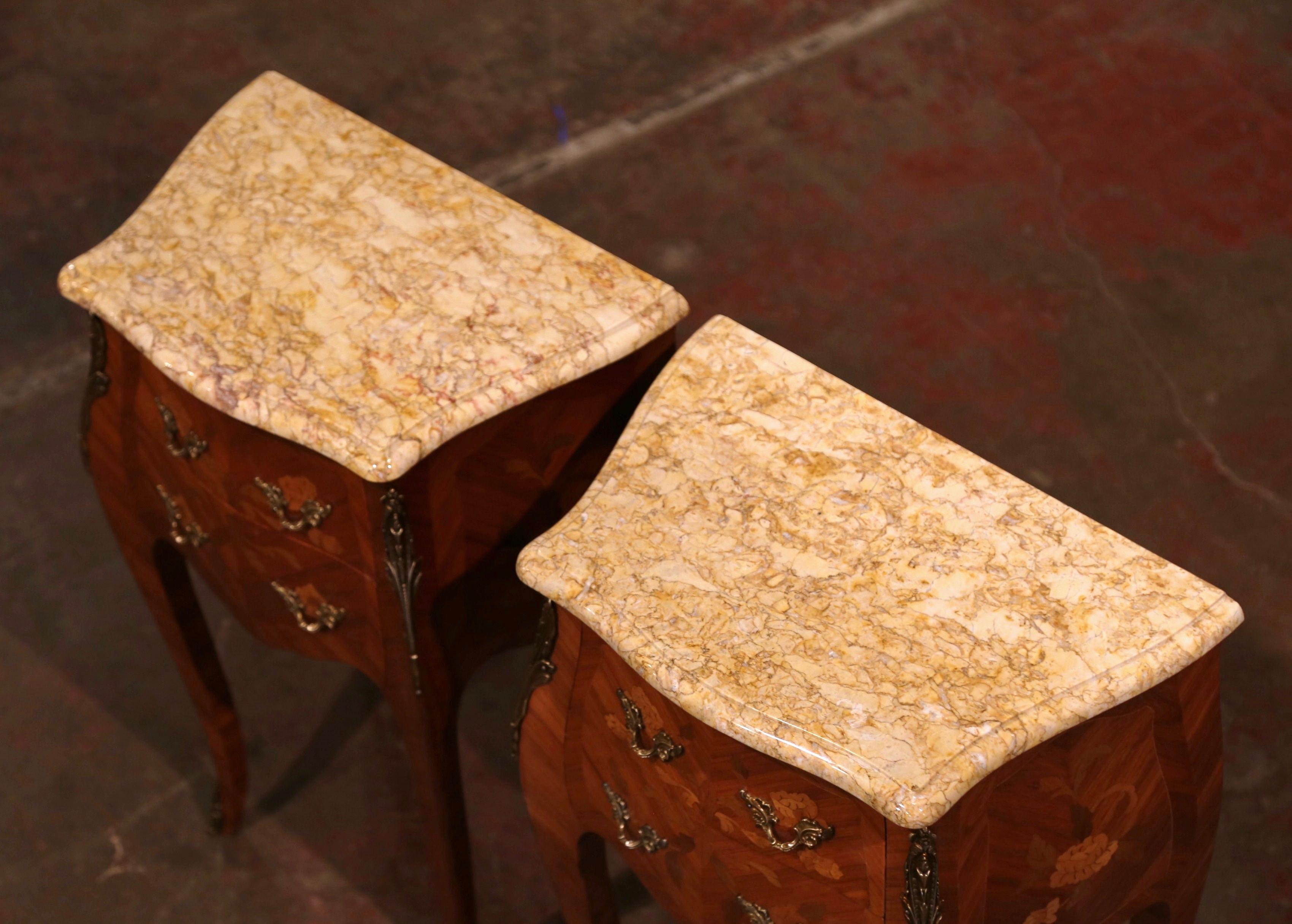 20th Century Pair of Midcentury Louis XV Marquetry Inlaid Bombe Nightstands with Marble Top