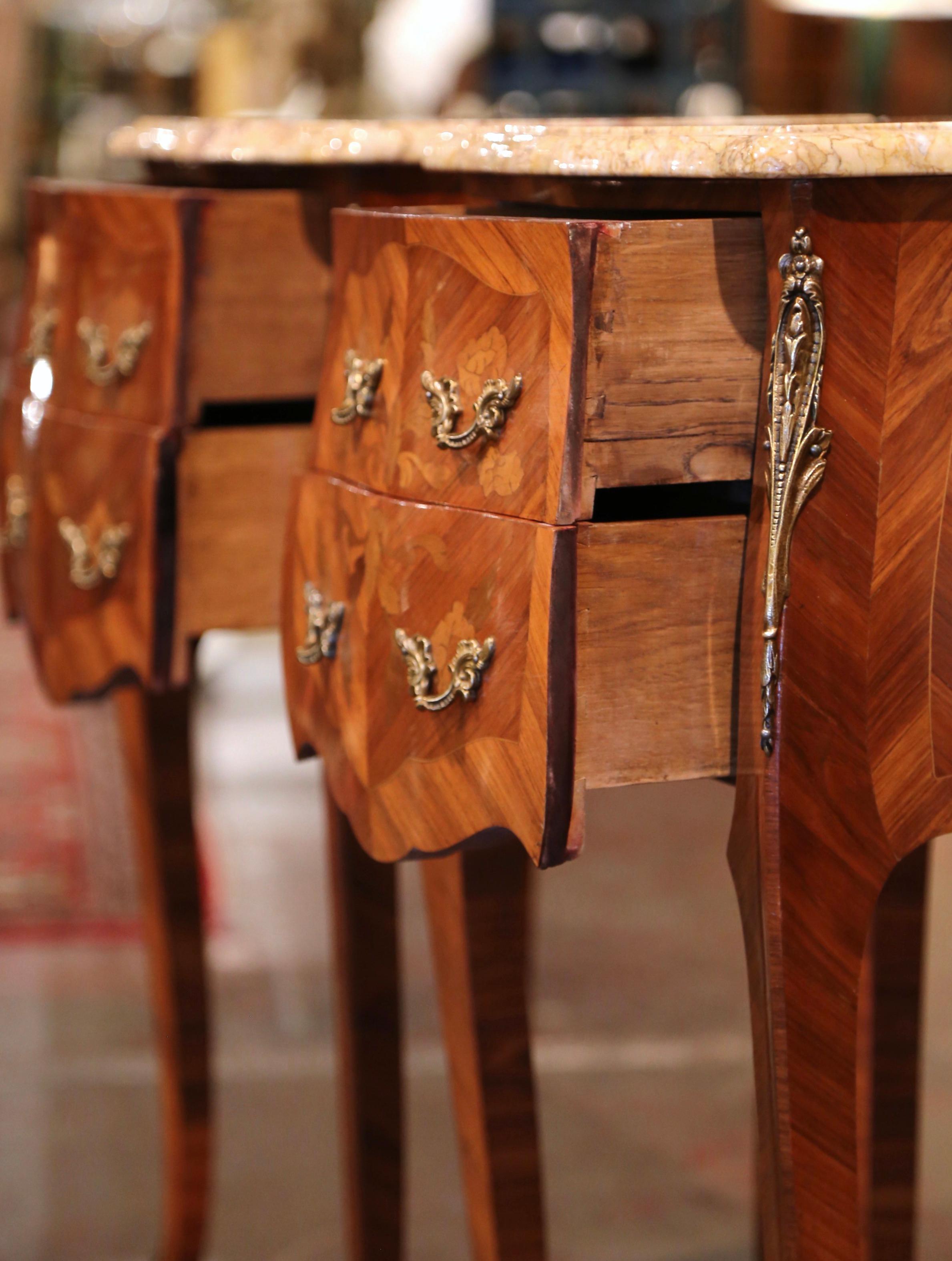 Pair of Midcentury Louis XV Marquetry Inlaid Bombe Nightstands with Marble Top 2