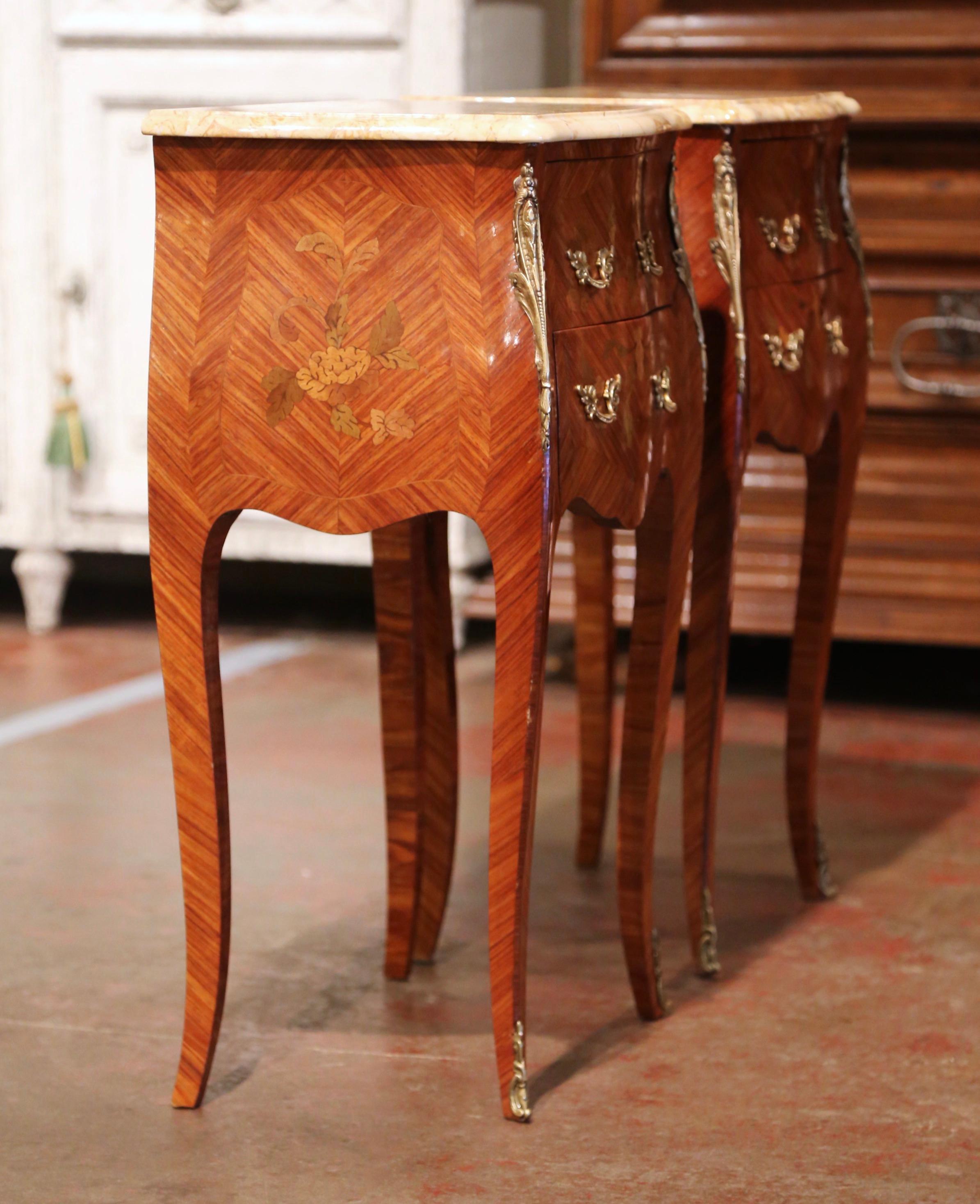 Pair of Midcentury Louis XV Marquetry Inlaid Nightstands with Beige Marble Top 4