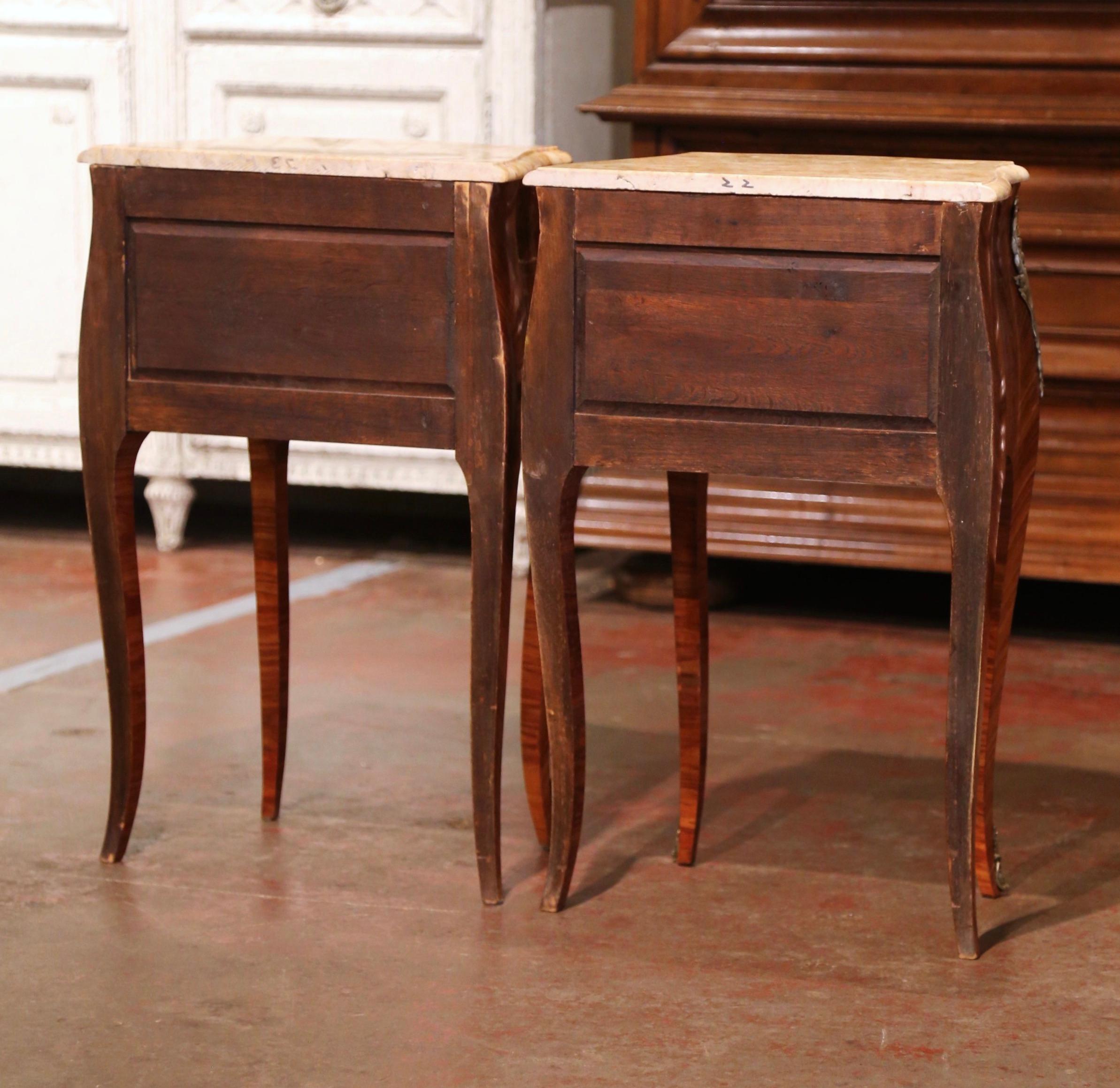 Pair of Midcentury Louis XV Marquetry Inlaid Nightstands with Beige Marble Top 5