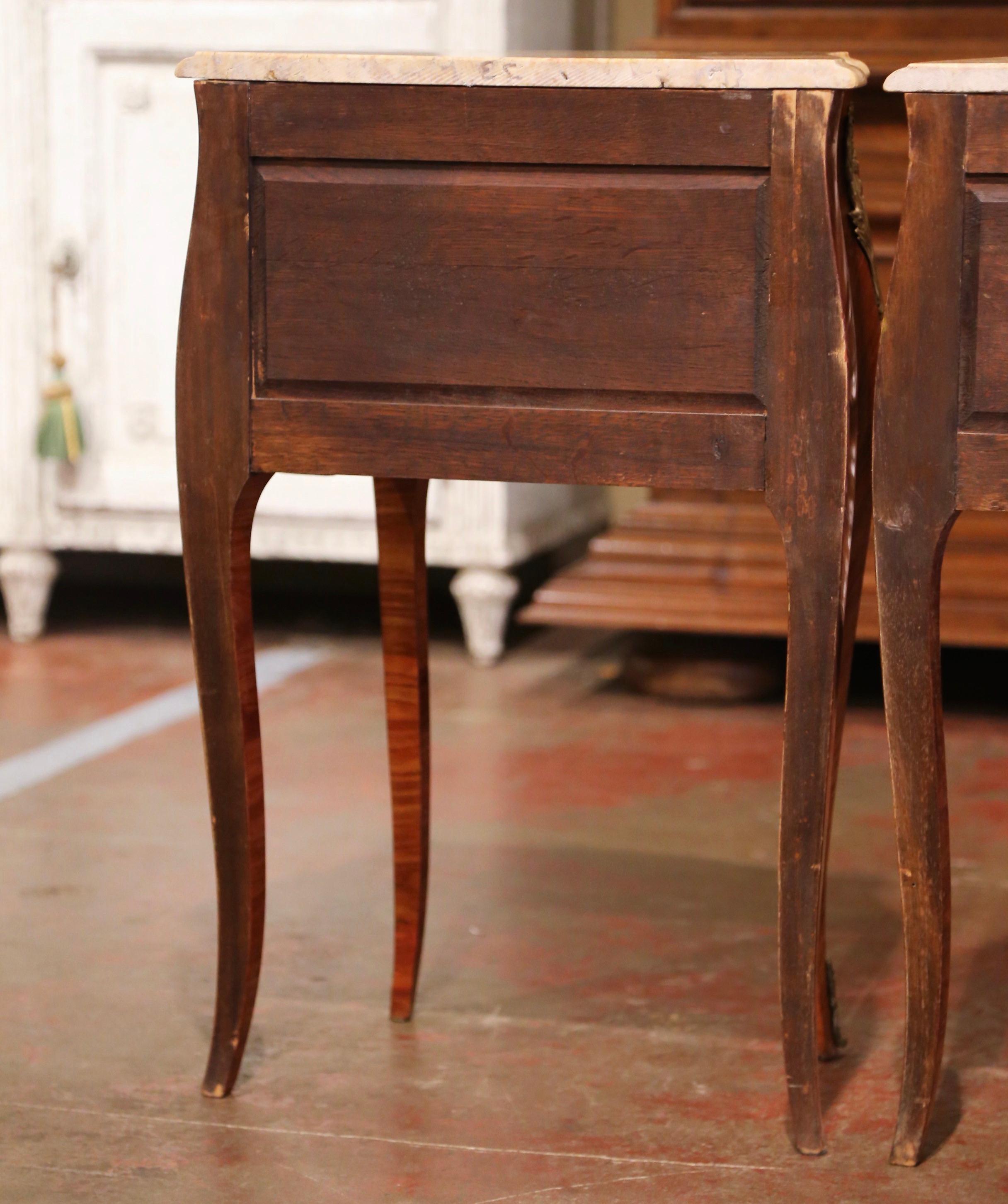 Pair of Midcentury Louis XV Marquetry Inlaid Nightstands with Beige Marble Top 6