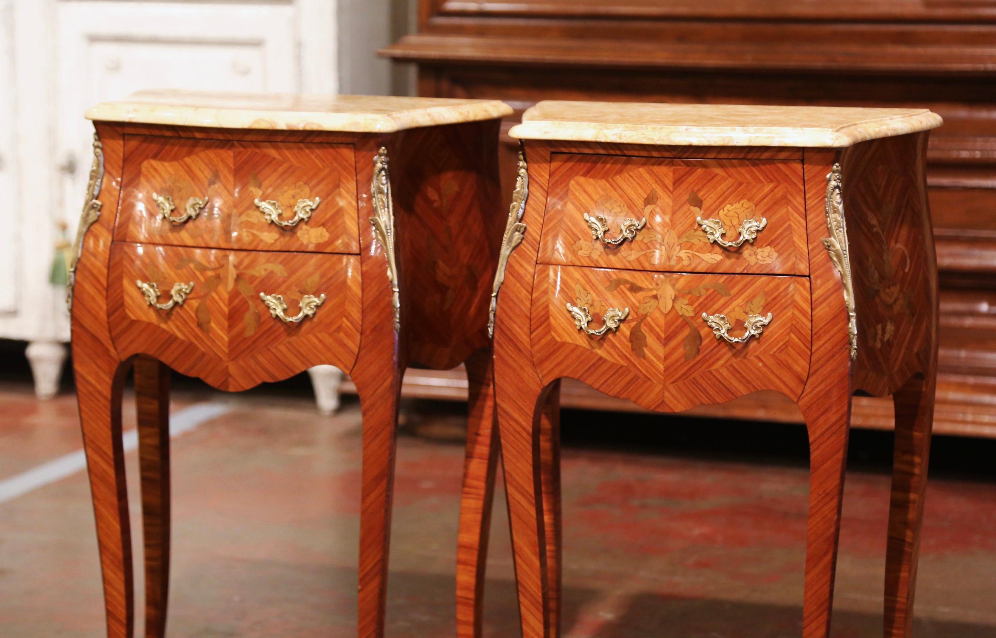 French Pair of Midcentury Louis XV Marquetry Inlaid Nightstands with Beige Marble Top