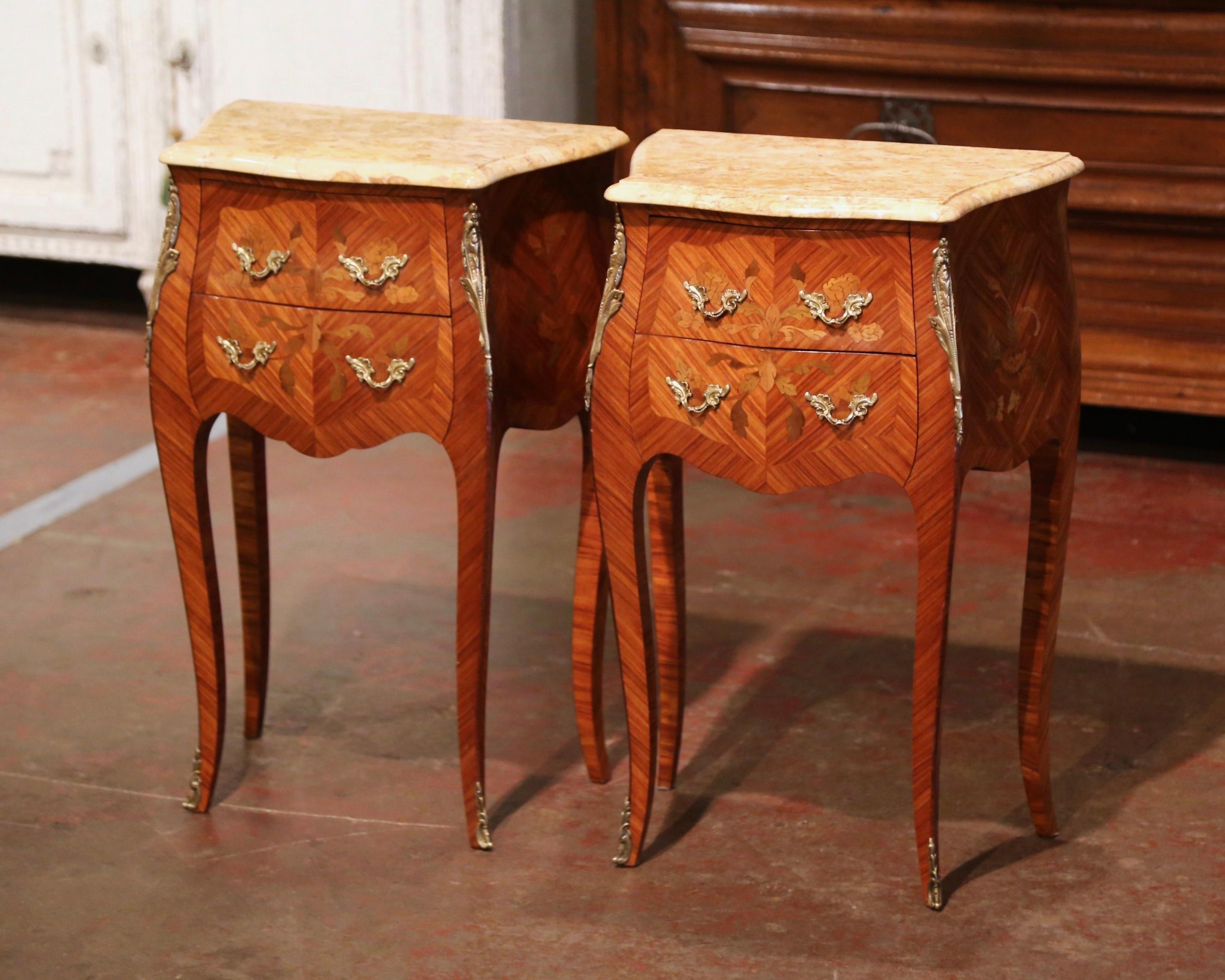 Inlay Pair of Midcentury Louis XV Marquetry Inlaid Nightstands with Beige Marble Top