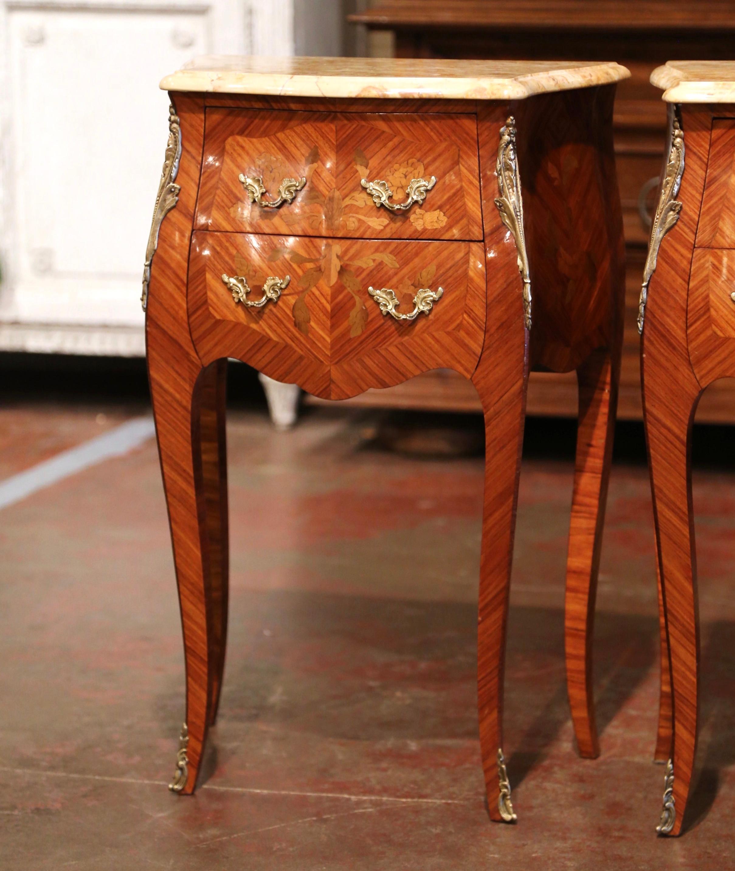 20th Century Pair of Midcentury Louis XV Marquetry Inlaid Nightstands with Beige Marble Top