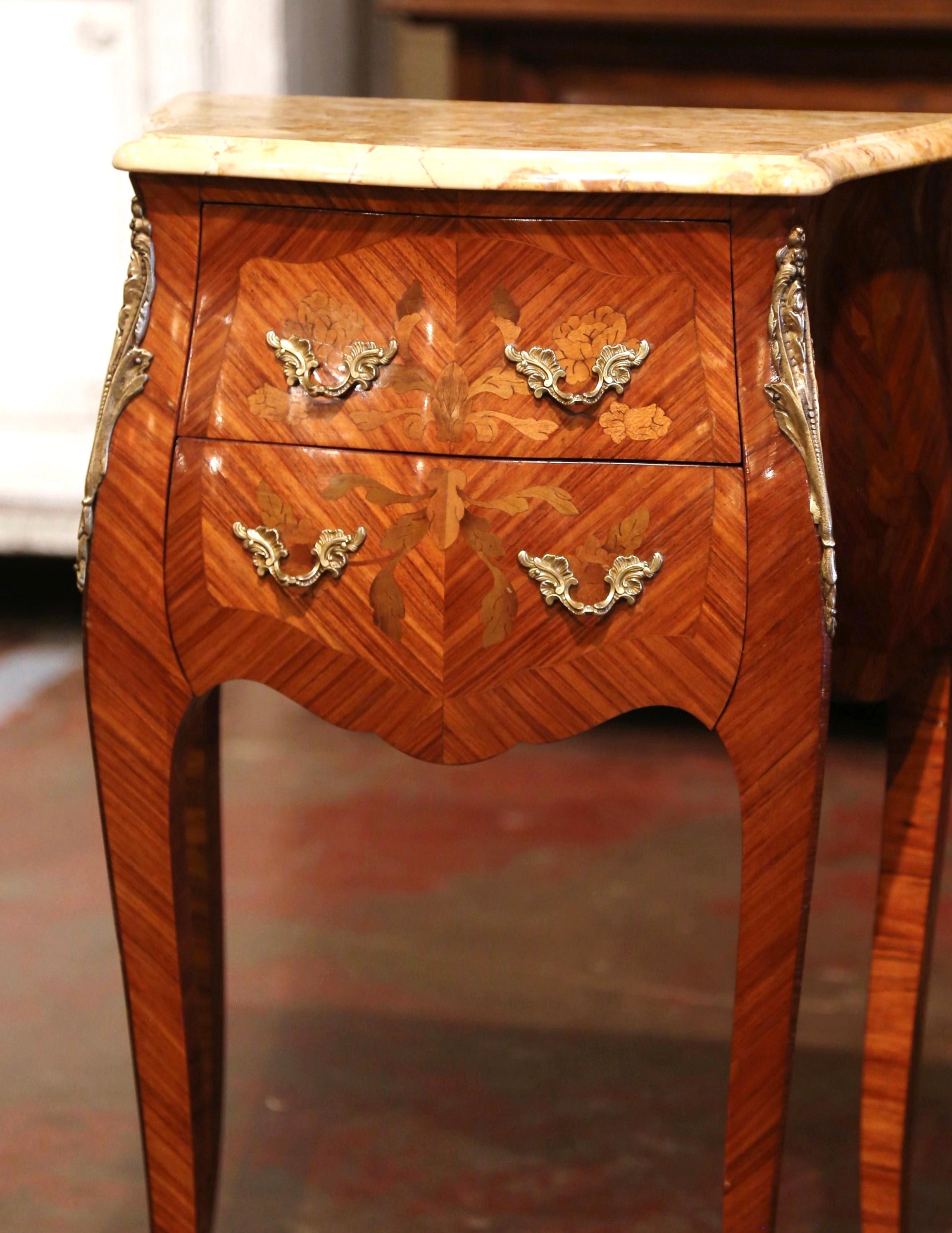 Pair of Midcentury Louis XV Marquetry Inlaid Nightstands with Beige Marble Top 1
