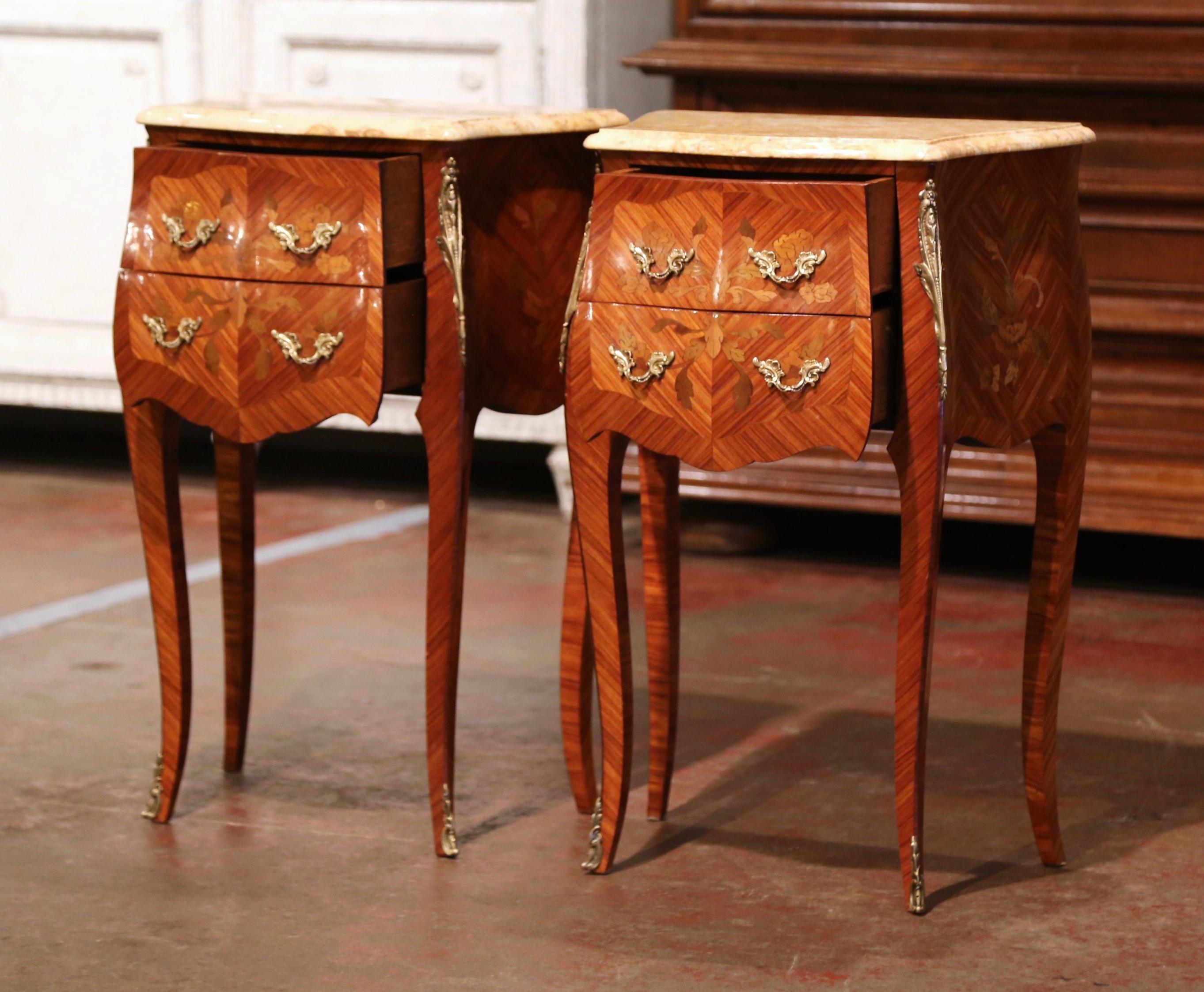 Pair of Midcentury Louis XV Marquetry Inlaid Nightstands with Beige Marble Top 2