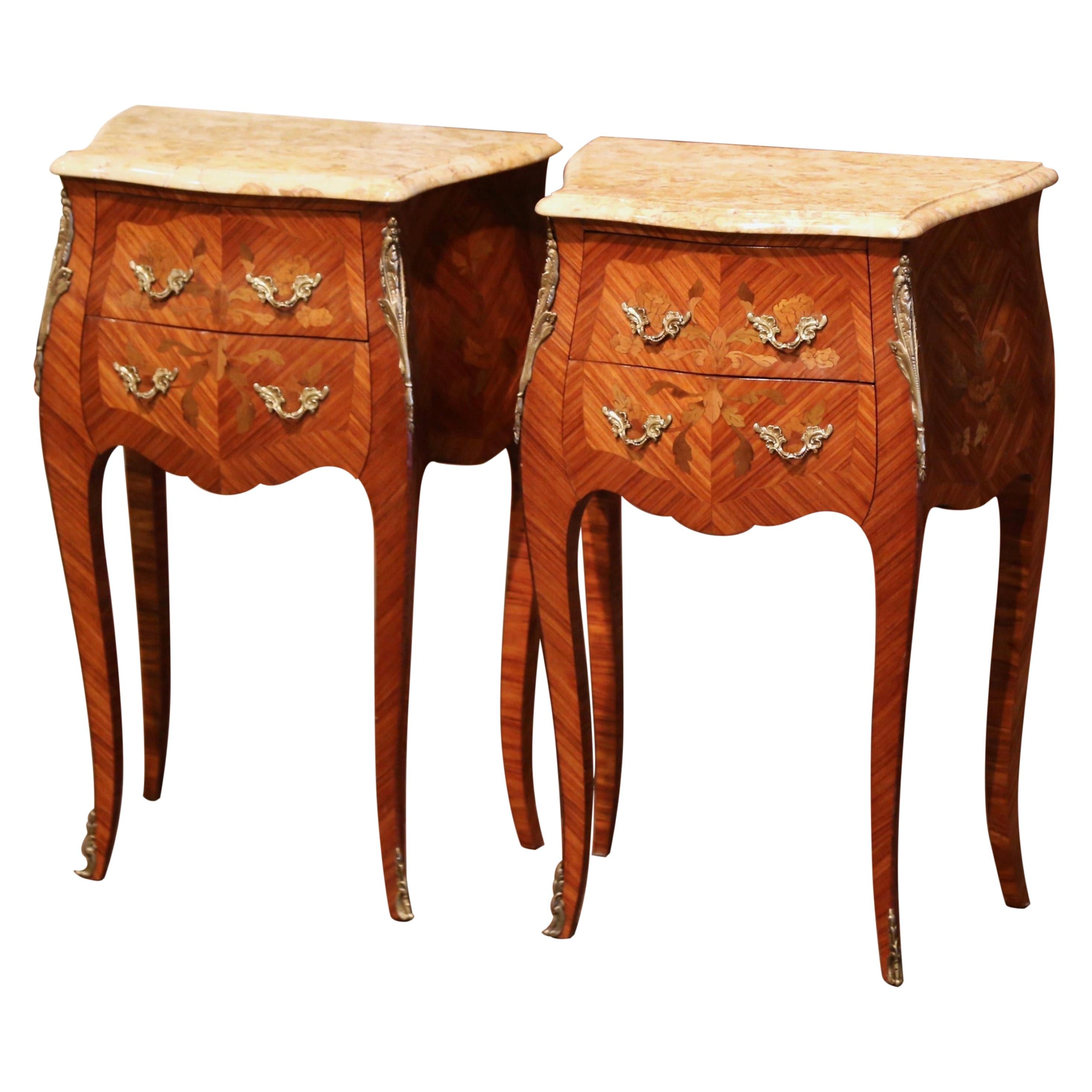 Pair of Midcentury Louis XV Marquetry Inlaid Nightstands with Beige Marble Top