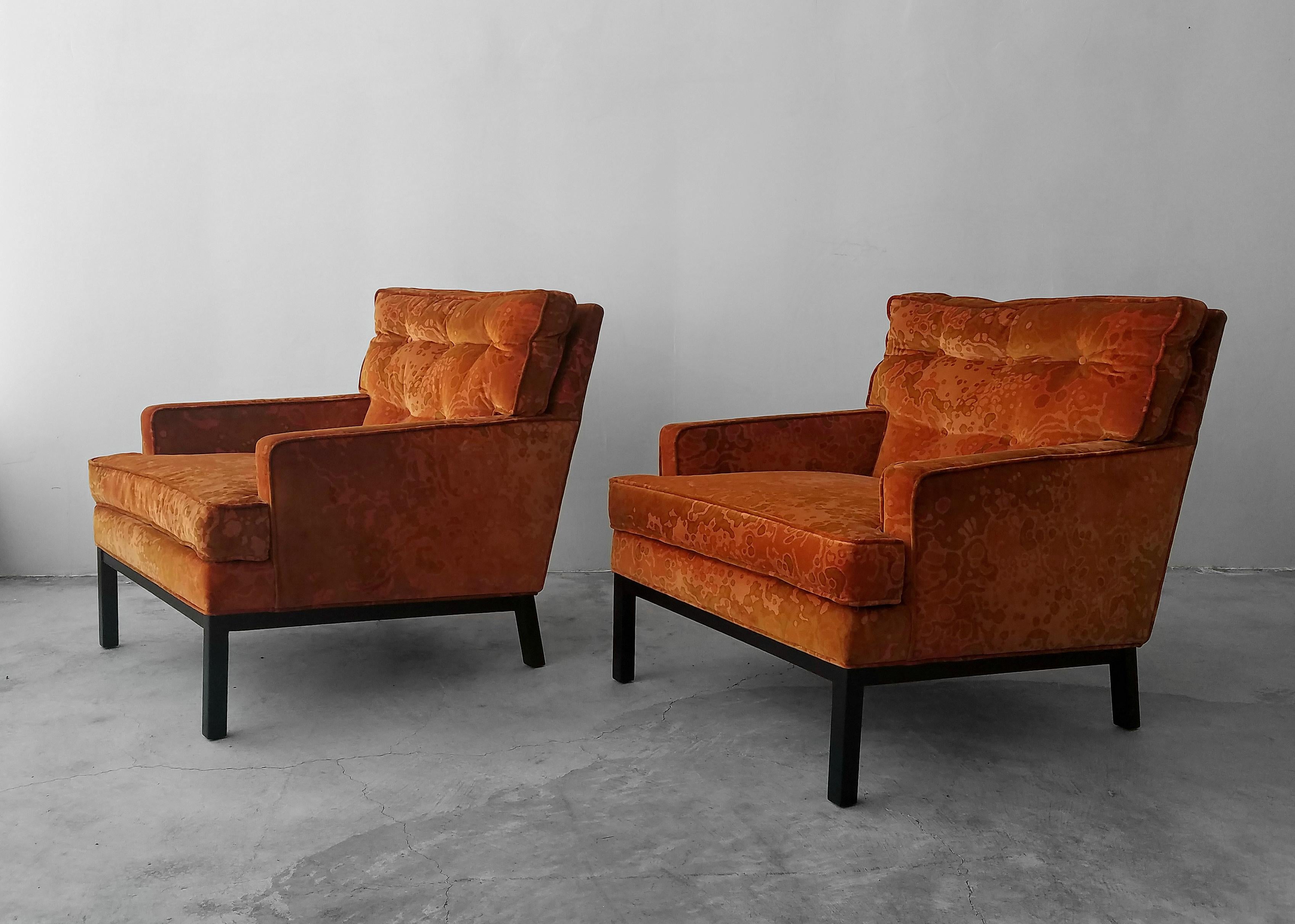 These funky Harvey Probber style lounge chairs are all original in their great burnt orange Jack Lenor Larsen velvet. A rare find. Perfect for someone vamping a 1970s shag pad or a Palm Springs ranch.

Chairs, including the velvet, are in