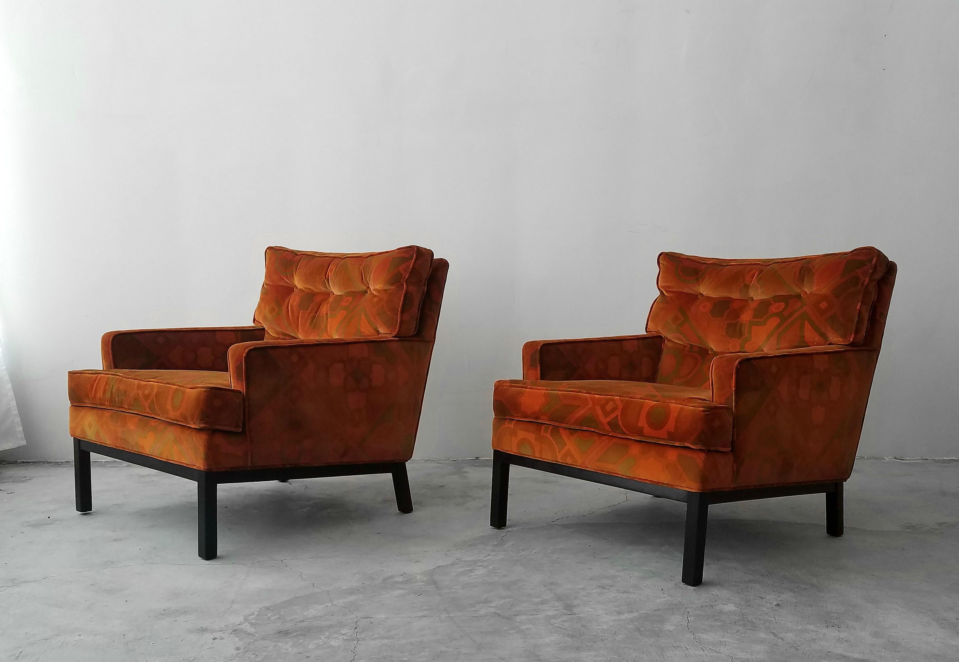 These funky Harvey Probber style lounge chairs are all original in their great burnt orange Jack Lenor Larsen velvet. A rare find. Perfect for someone vamping a 1970s shag pad or a Palm Springs ranch.

Chairs, including the velvet, are in