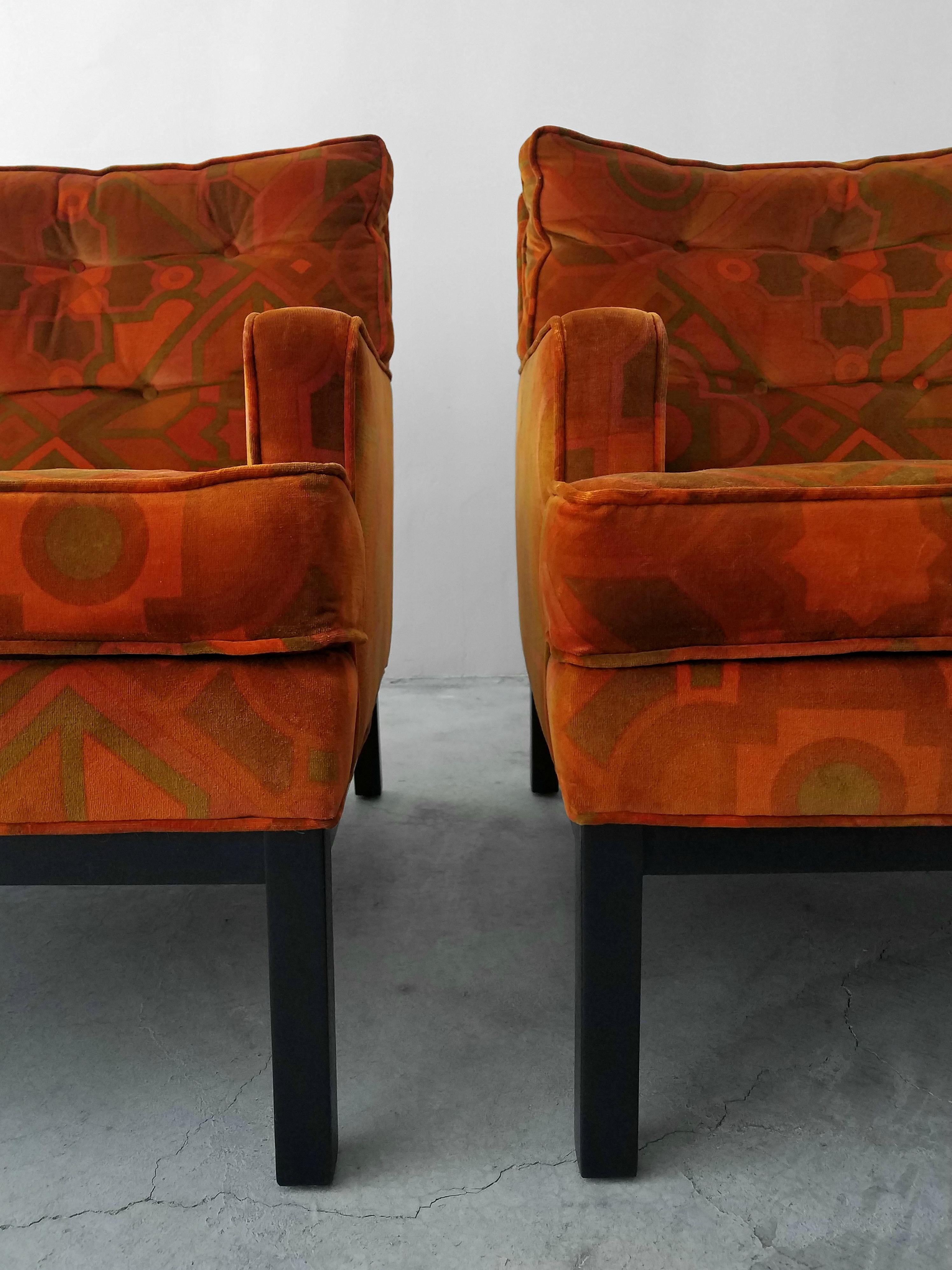 Velvet Pair of Midcentury Lounge Chairs Harvey Probber Style Jack Lenor Larsen Fabric