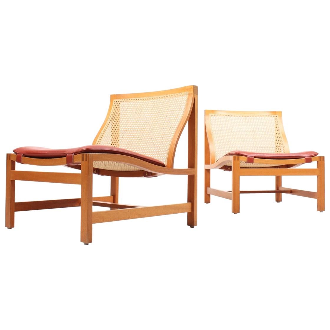 Pair of Midcentury Lounge Chairs by in Beech and Patinated Leather, Danish