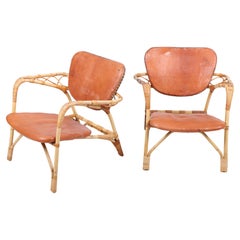 Pair of Midcentury Lounge Chairs in Bamboo and Leather, Made in Denmark, 1950