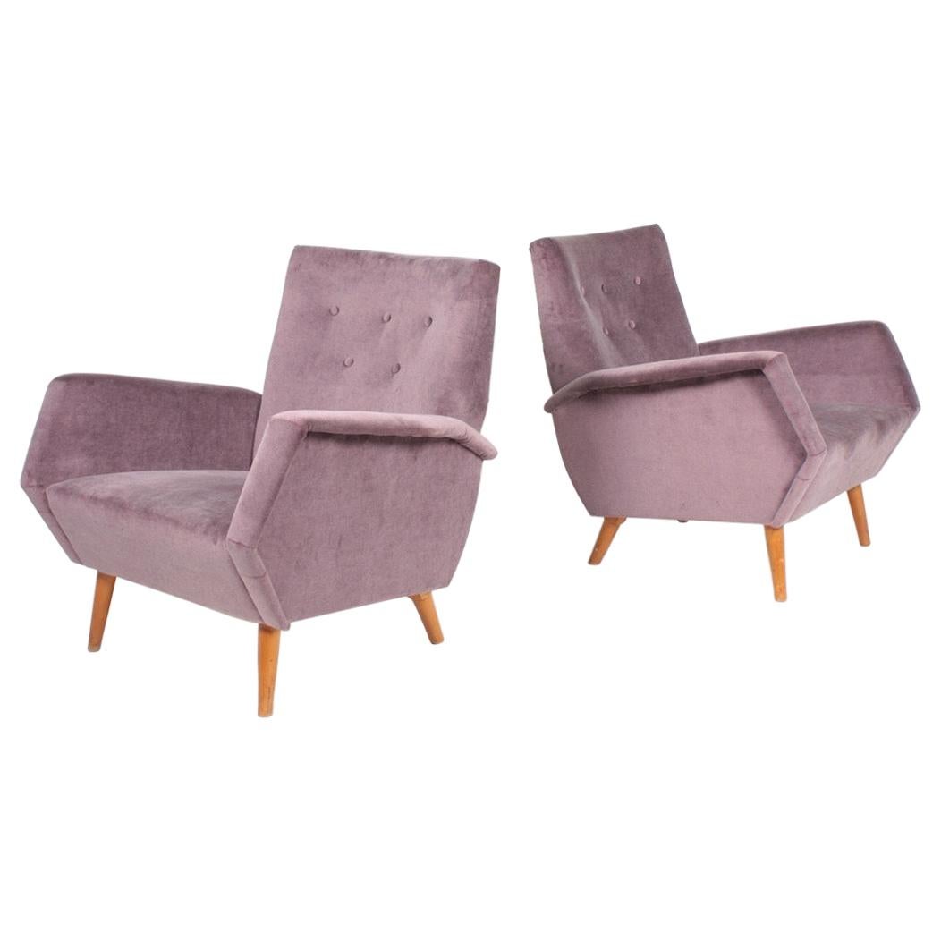 Pair of Midcentury Lounge Chairs in French Velvet by Gio Ponti, 1950s