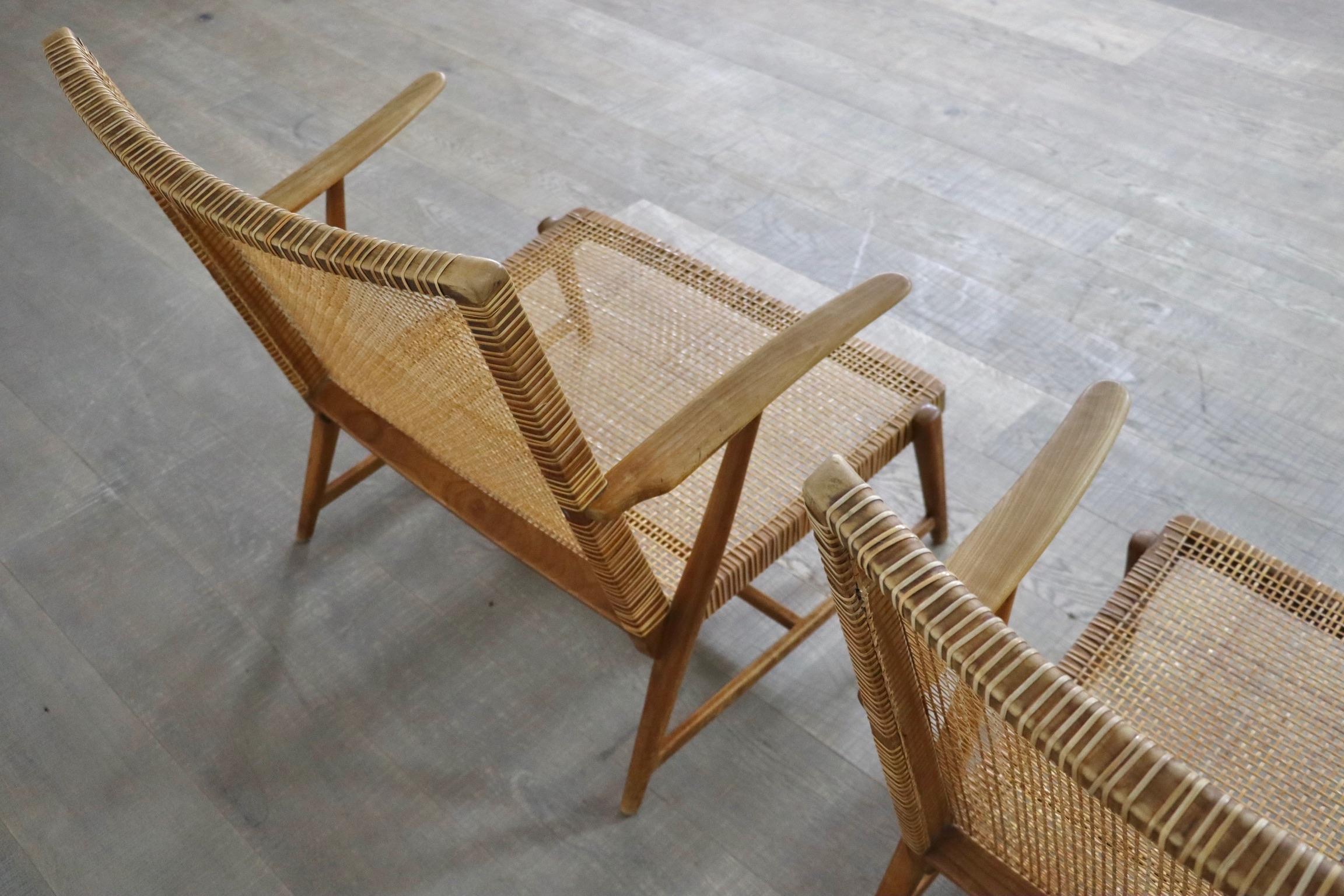 Pair of Midcentury lounge chairs in oak and cane, Germany, 1950s 6