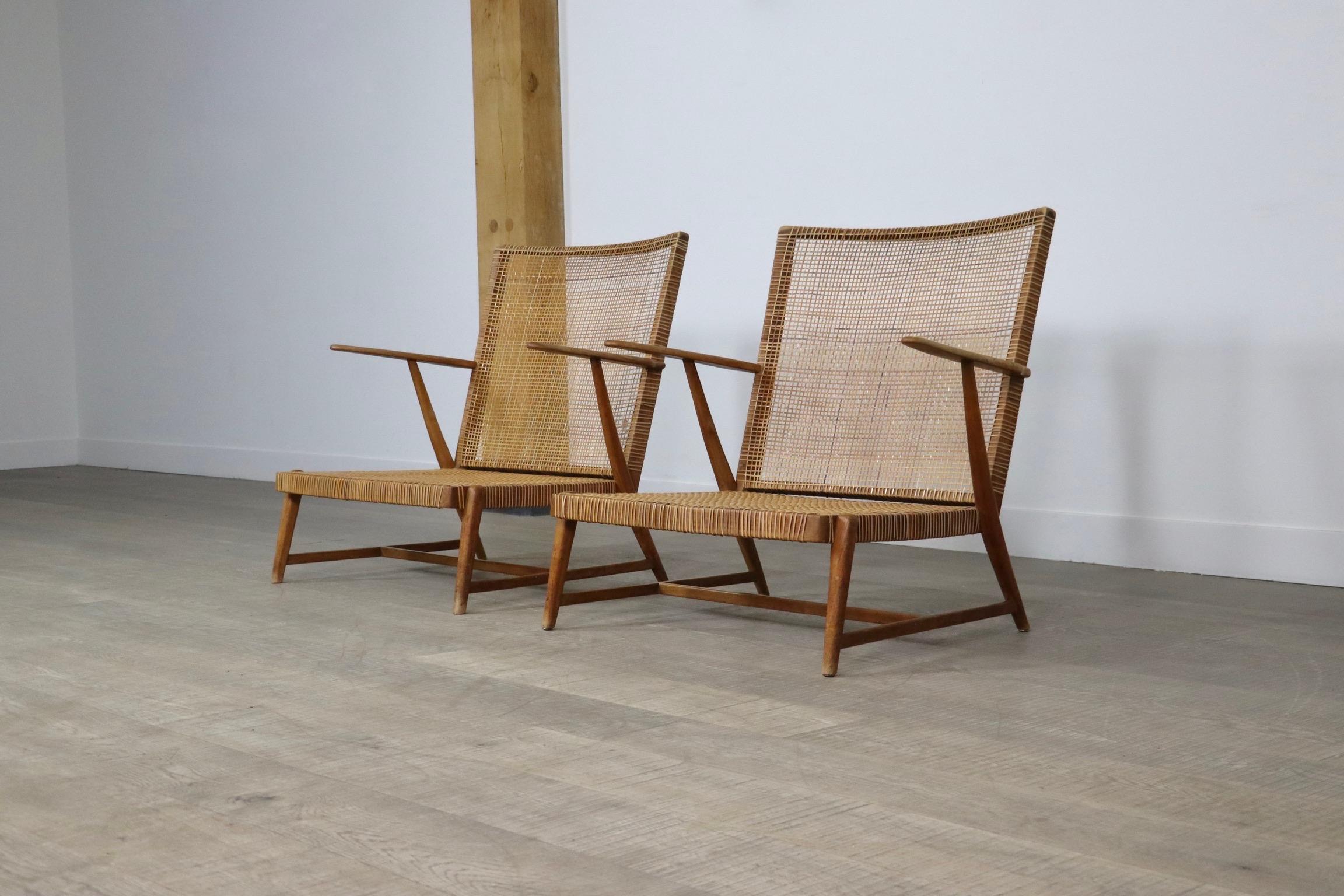 Pair of Midcentury lounge chairs in oak and cane, Germany, 1950s 8
