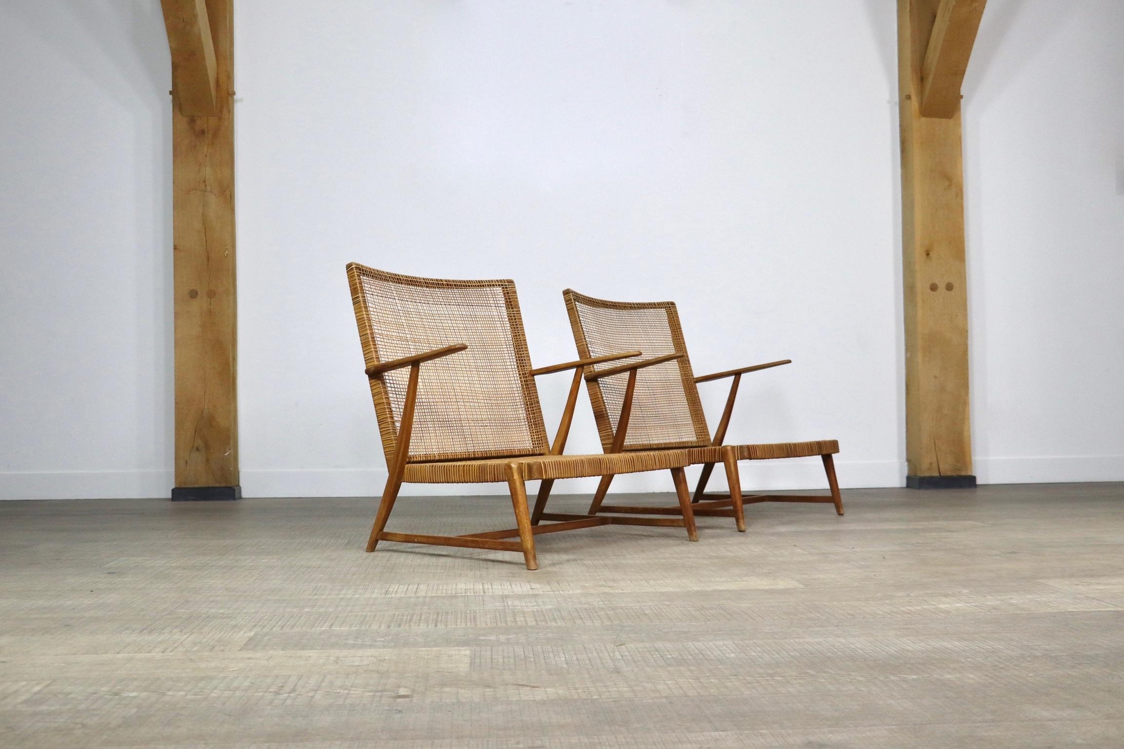 Pair of Midcentury lounge chairs in oak and cane, Germany, 1950s 11