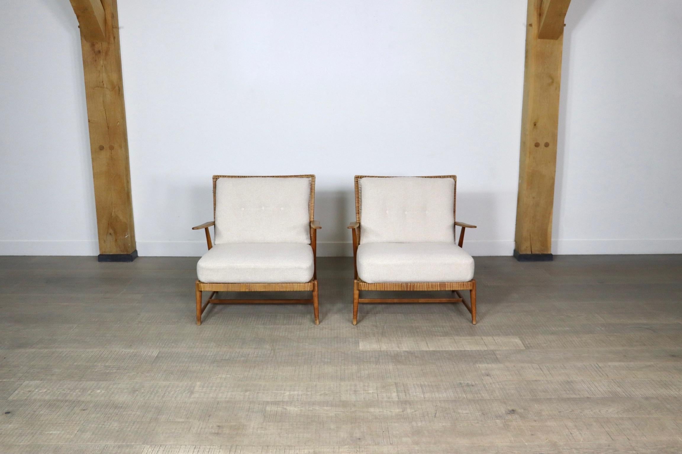Pair of Midcentury lounge chairs in oak and cane, Germany, 1950s 12