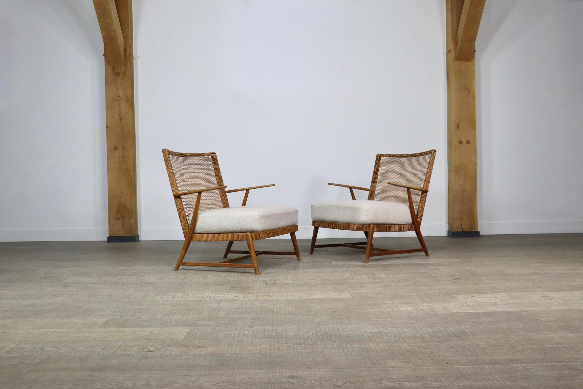 Pair of Midcentury lounge chairs in oak and cane, Germany, 1950s 2
