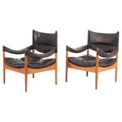 Pair of Midcentury Lounge Chairs in Oak and Patinated Leather, Denmark, 1960s