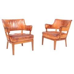 Pair of Midcentury Lounge Chairs in Patinated Leather, 1940s