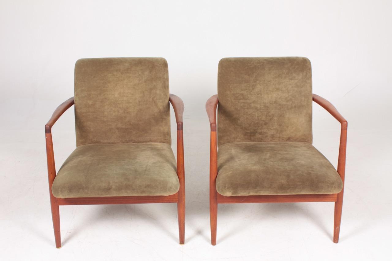 Fabric Pair of Midcentury Lounge Chairs in Teak and Velvet by C.B Hansen, 1950s