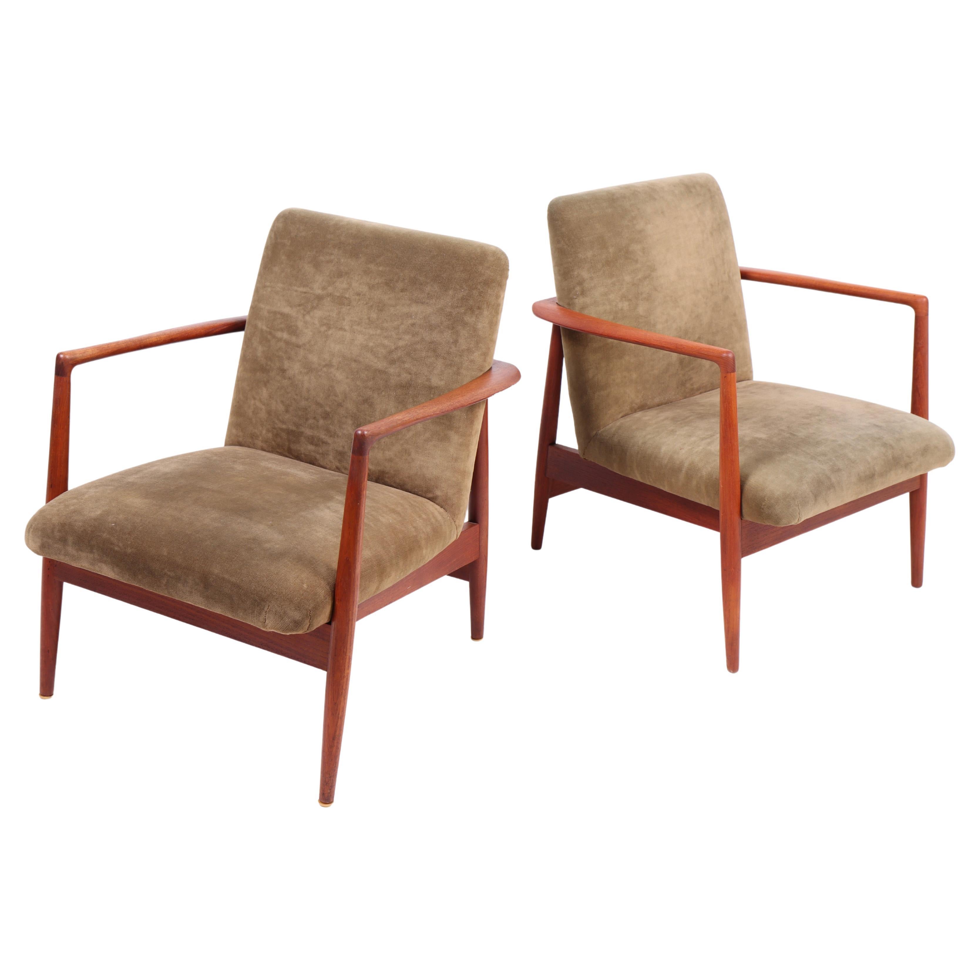 Paire de chaises longues en teck et velours du milieu du siècle, A.B. Hansen, années 50 en vente