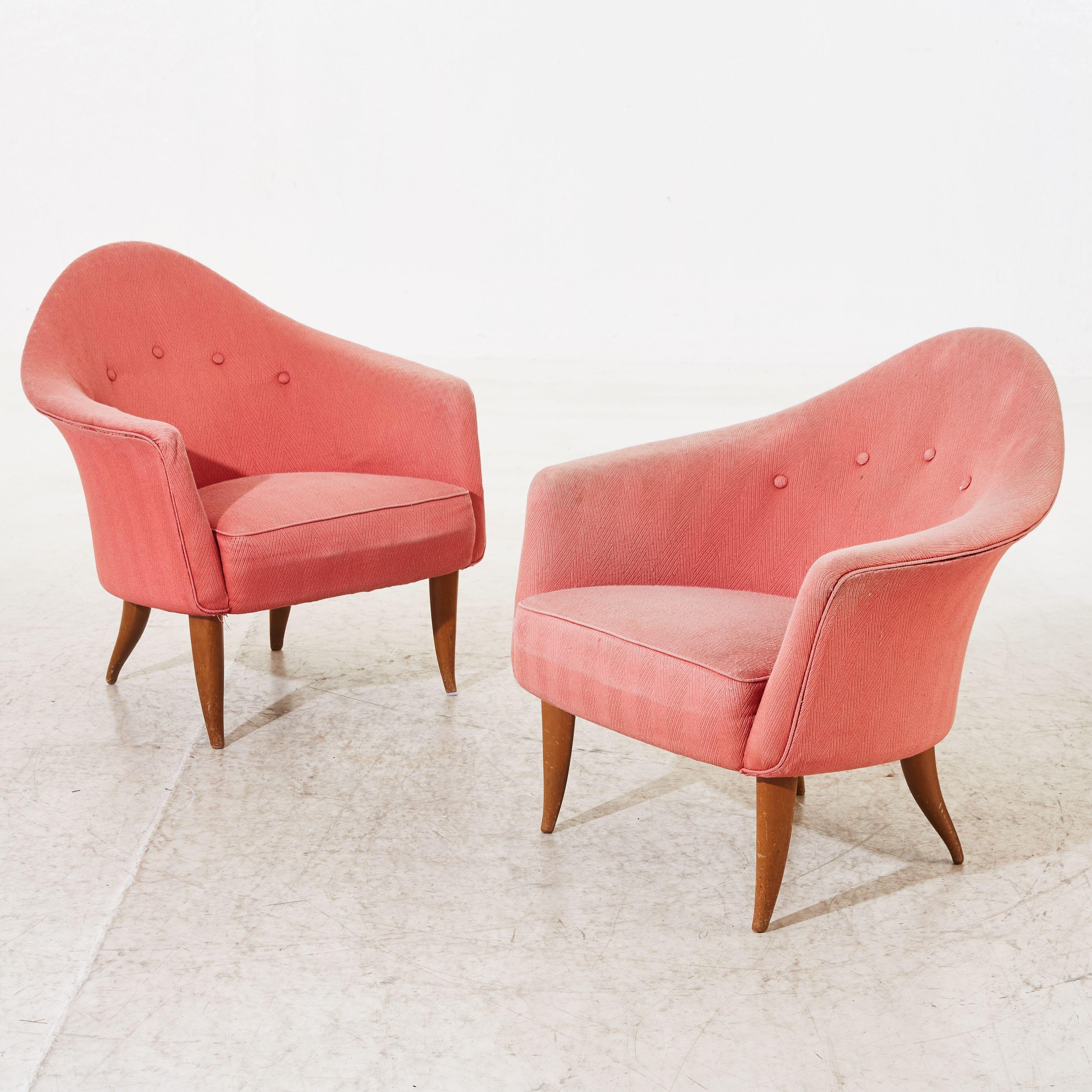 Fantastic pair of lounge chairs designed model Little Adam by leading Swedish midcentury-era designer, Kerstin Horlin Holmquist. The chairs were part of a design-series named 