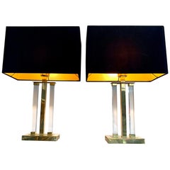 Pair of Midcentury Lucite and Brass Lamps by Deknudt with New Bespoke Shades