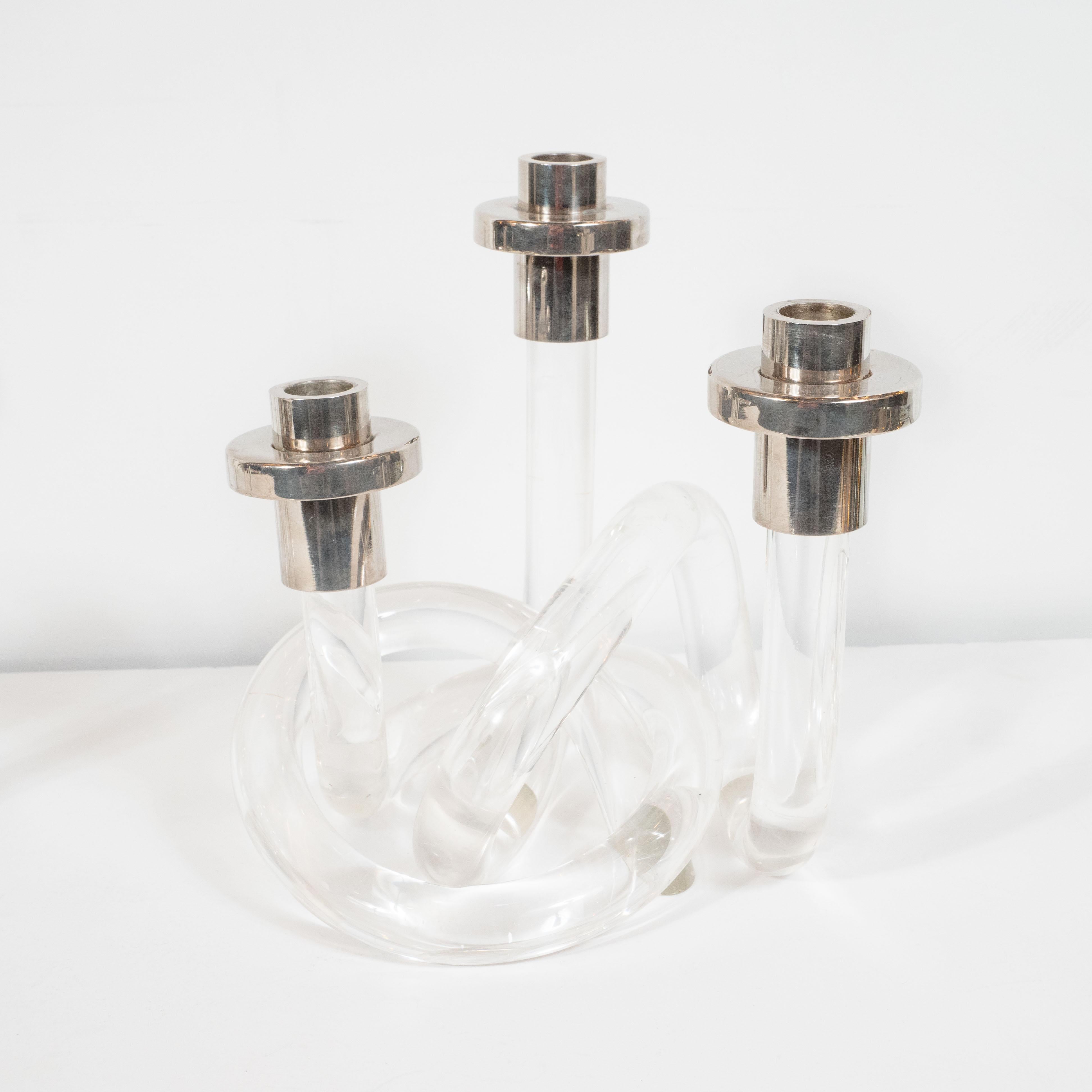 Mid-Century Modern Pair of Midcentury Lucite and Nickel Candlesticks by Dorothy Thorpe