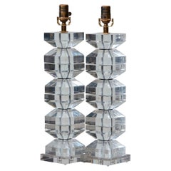 Pair of Midcentury Lucite Table Lamps with Chamfered Cubes, Rewired for the US