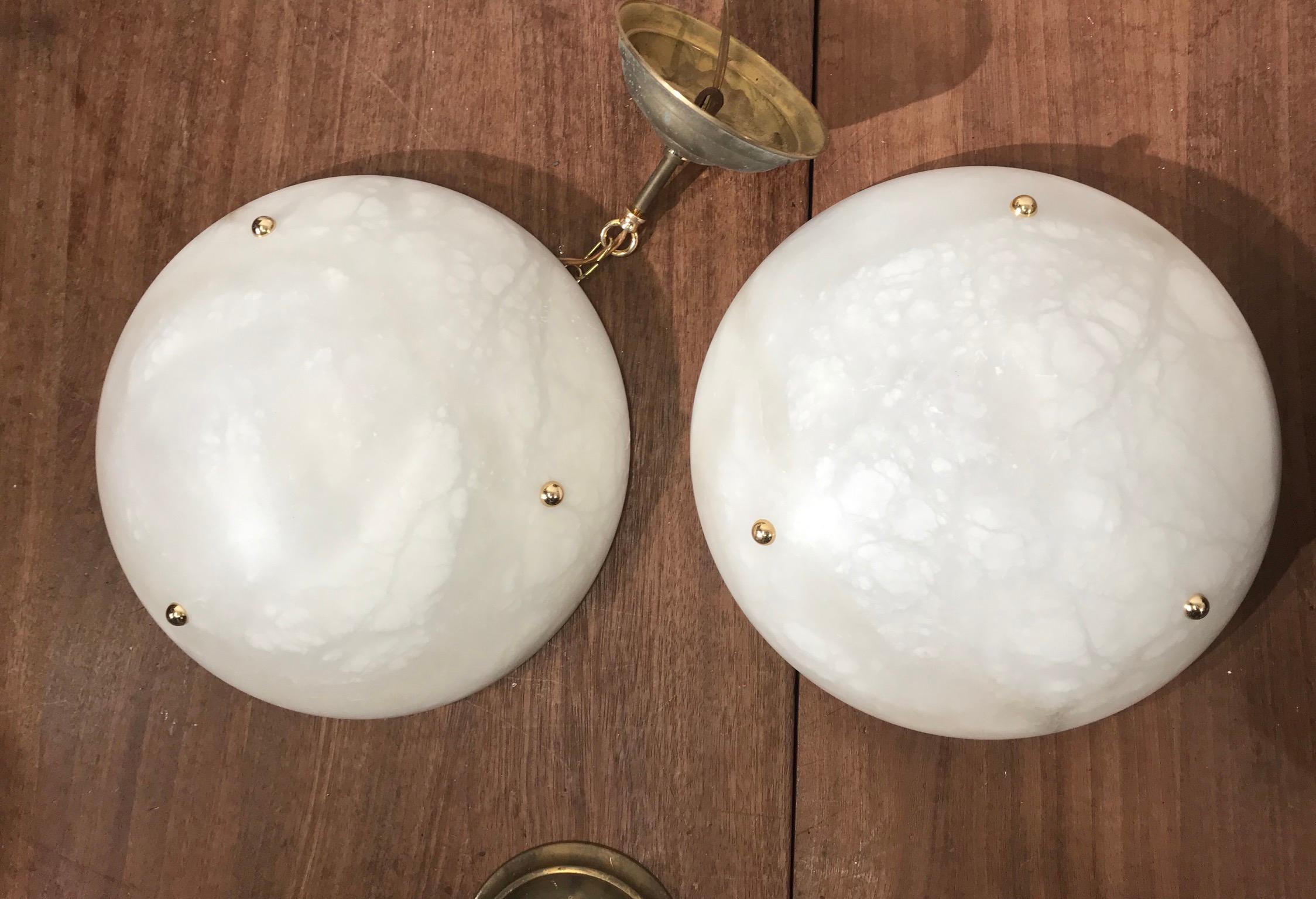 Pair of Midcentury Modern Art Deco Style White Alabaster Pendant Light Fixtures 7