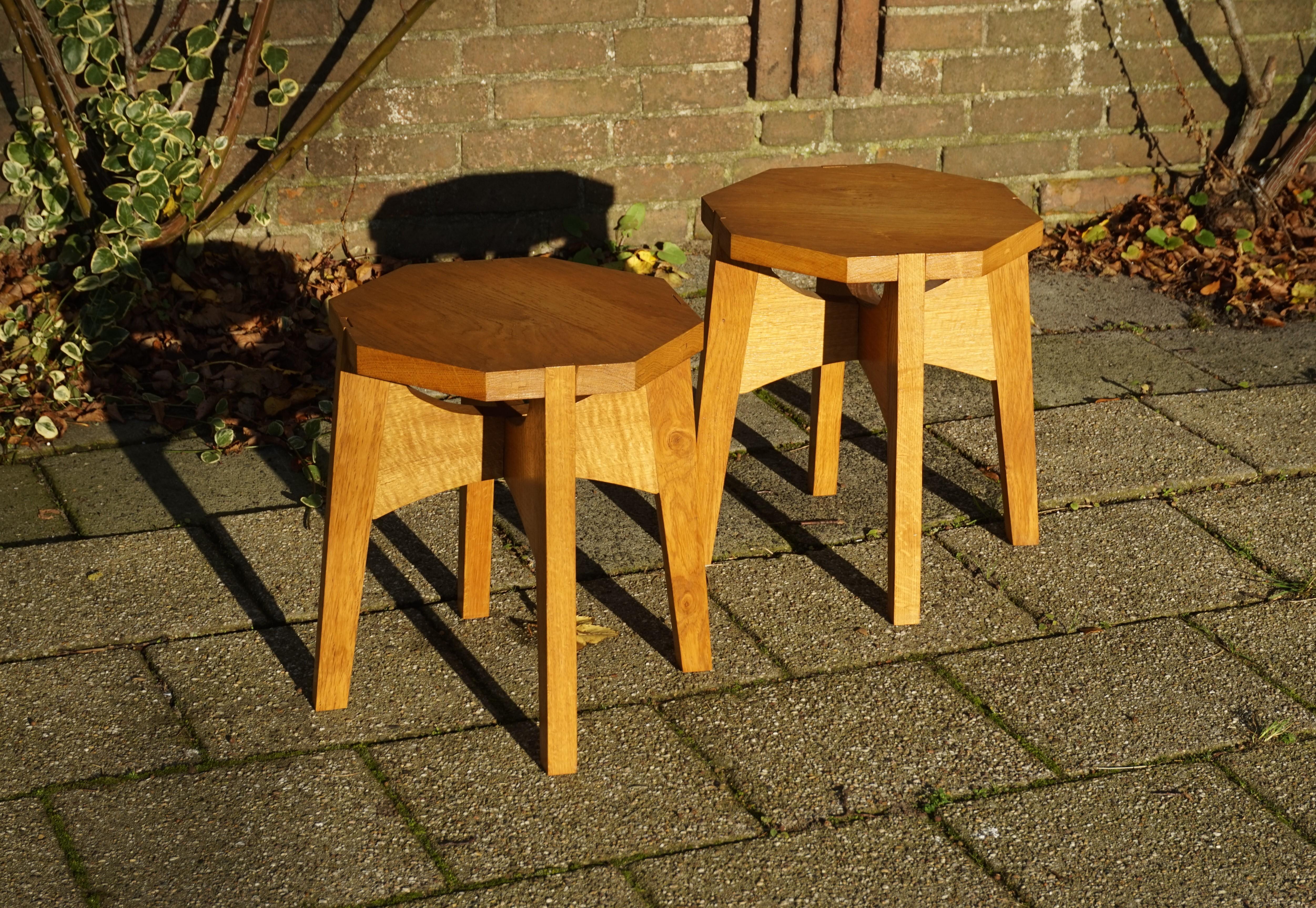 Rare, stylish and highly practical pair of midcentury tables.

These beautifully designed and smartly handcrafted end tables or small pedestals could not be in better condition. We think they may have been made for an artist or gallery, because they