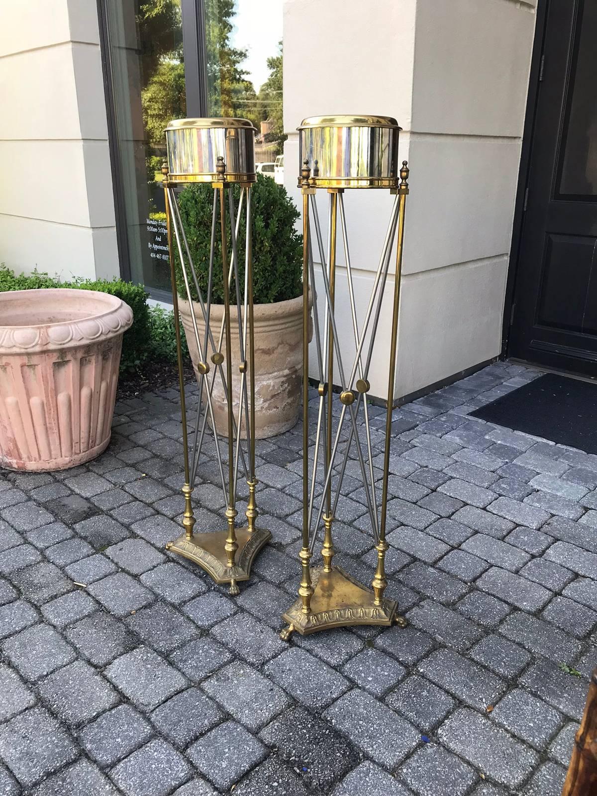 Brass Pair of Midcentury Maison Jansen Directoire Style Torchere Plant Pedestals