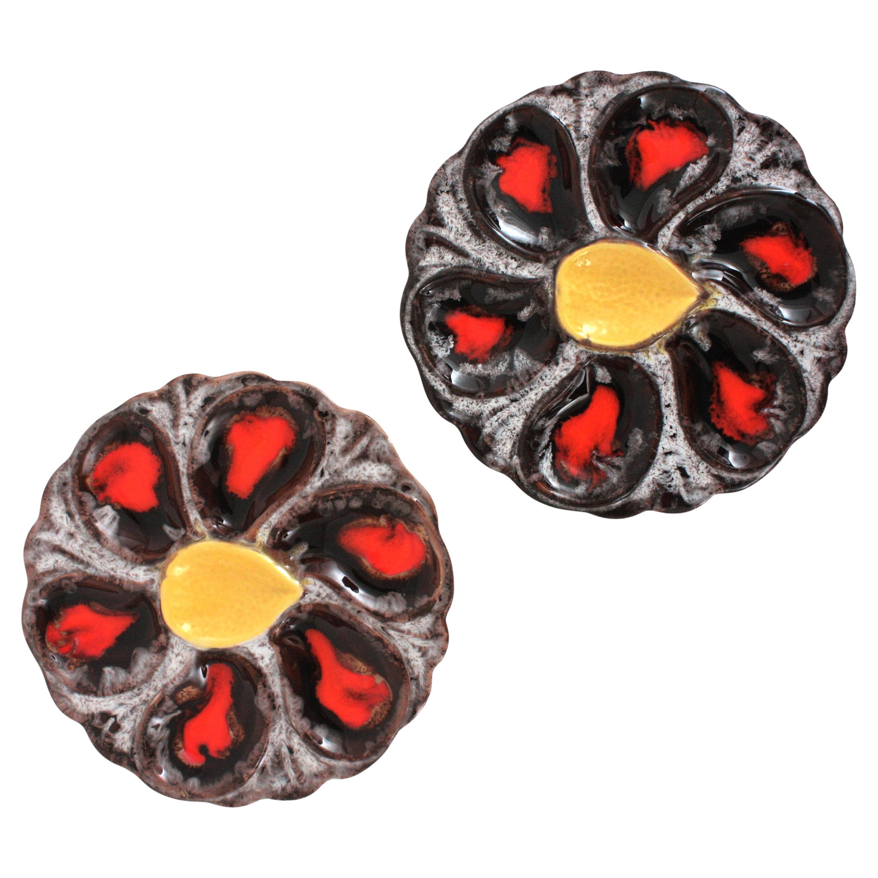 Pair of Midcentury Majolica Ceramic Oyster Plates by Vallauris, France 1950s
